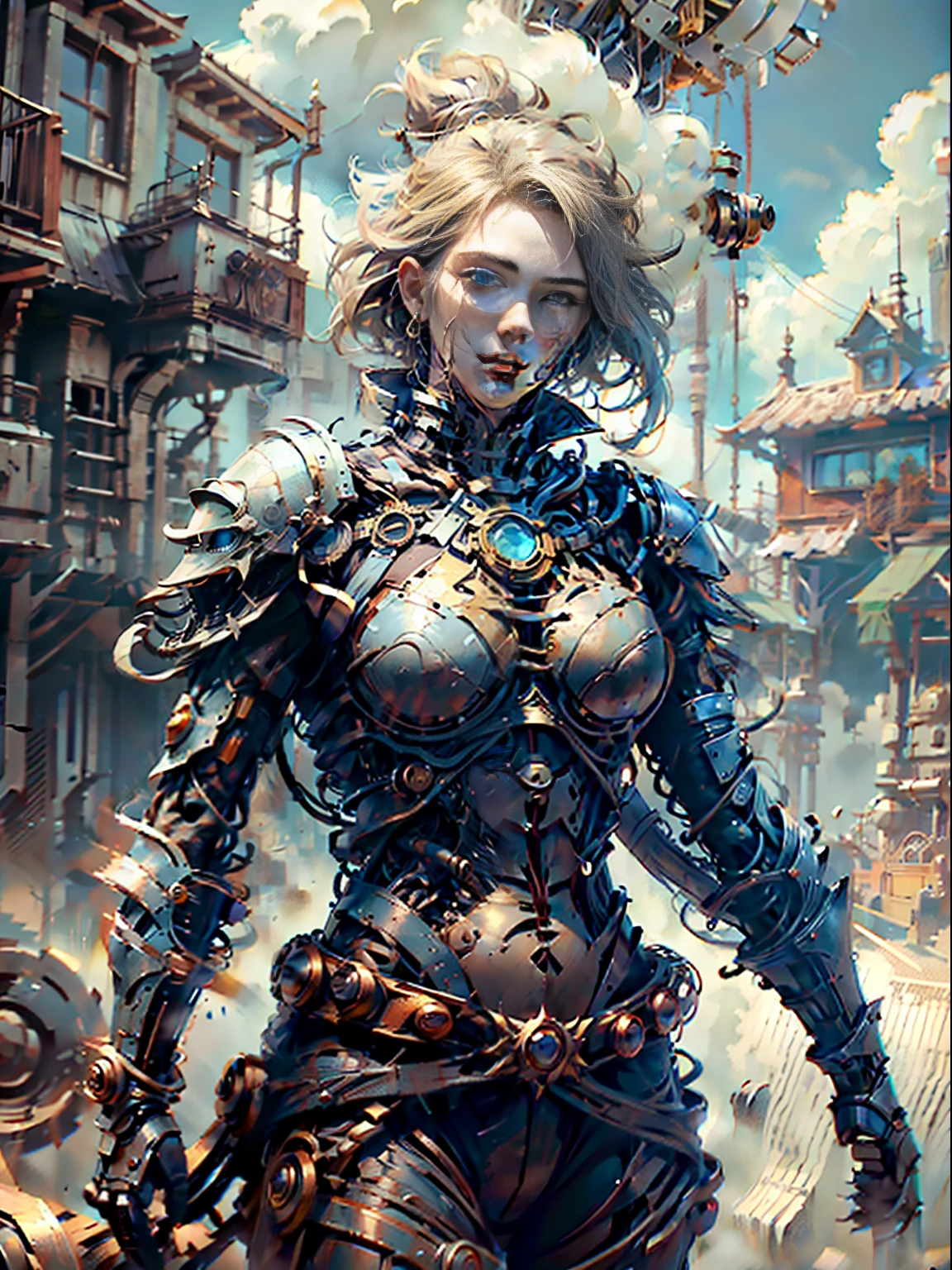 ((Best Quality)), ((Masterpiece)), (Very detailed: 1.3), 3D, Water Margin character Lin Chong, Steampunk weapon spear, Dark style armor, Sci-fi technology, High density display (HDR), Ray tracing, NVIDIA RTX, Super Resolution, Unreal 5, Underground scattering, PBR texture, Post processing, Anisotropic filtering, Depth of field, Maximum sharpness and acutance, Multi-layer texture, Specular and albedo mapping, Surface shading, Accurate simulation of light-material interactions, perfect ratio, octane rendering, duotone lighting, low light, white balance, rule of thirds, large aperture, 8K raw data, efficient subpixels, subpixel convolution, light particles, light scattering, tyndall effect, perfect body proportions, tall male, cycling position, short-haired assassin, (on city streets: 1.2), ray tracing, light particles