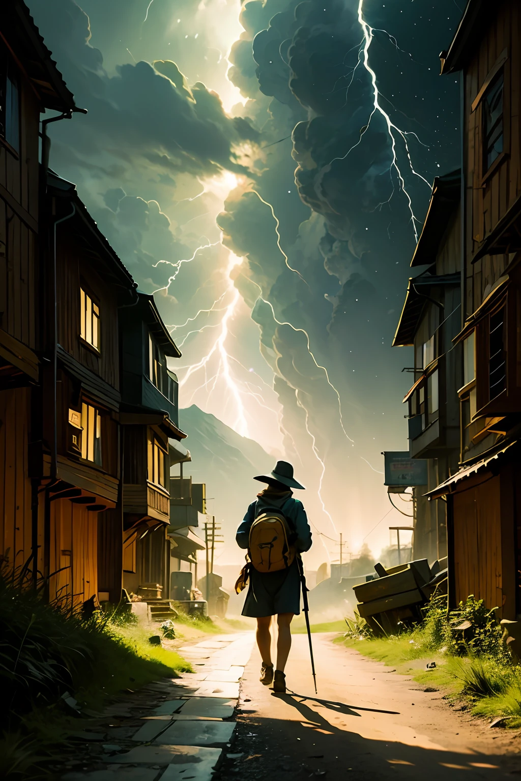 John Bunyan's Pilgrim walks lonely through a gloomy valley, lightning and lightning in the night, carrying a battered and heavy backpack on his back towards a hill with a cross, in a bright light scene, even amid the locks of night