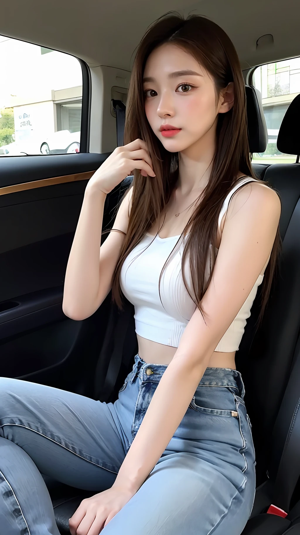 A beautiful girl about 20 years old, brown hair, delicate facial features, peerless beauty, wearing a pink and white French high-waisted top, wearing blue jeans, sitting in the car, full body photo