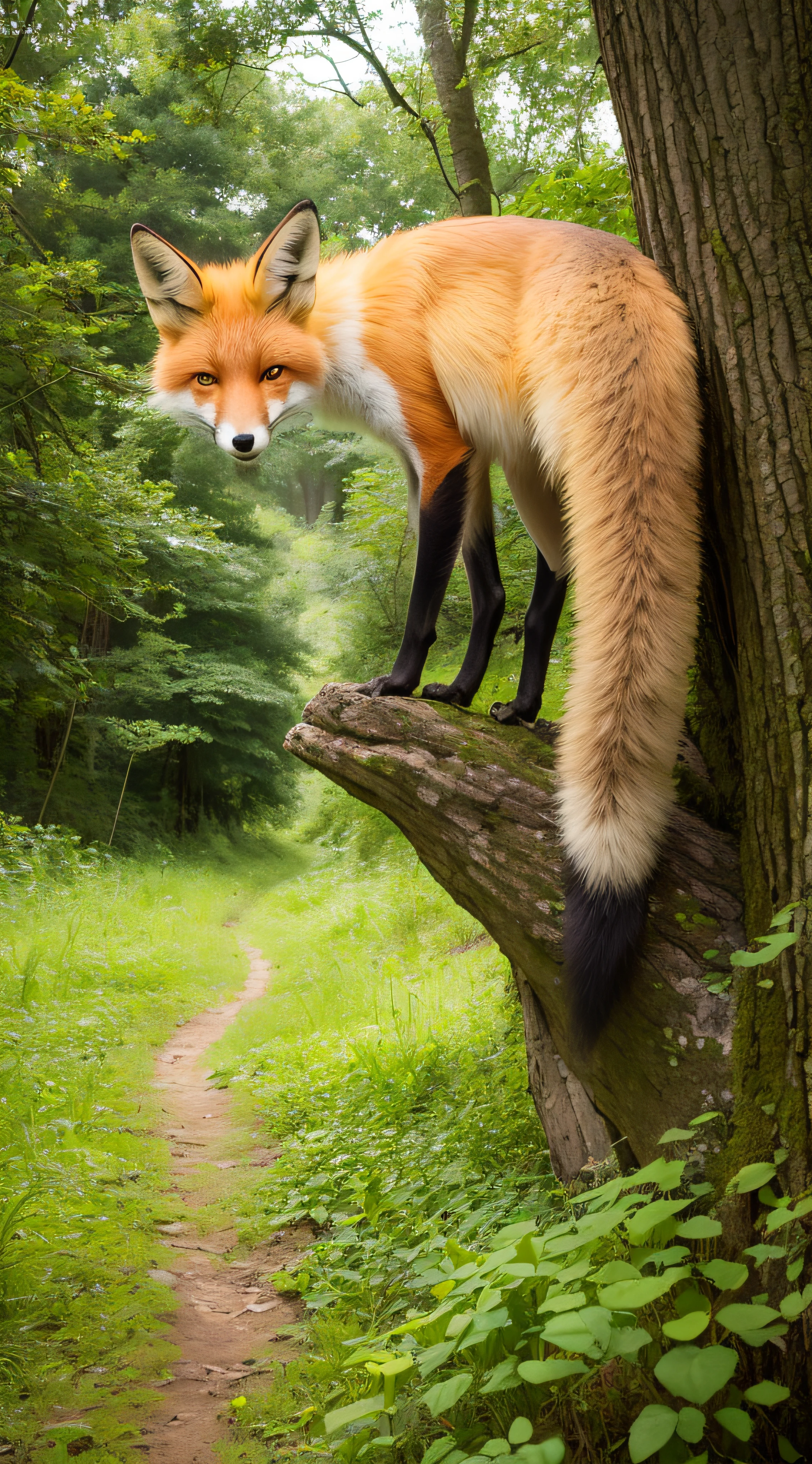 Realistic photograph, a fox and its beautiful tail among the trees in a forest clearing, 8K --auto