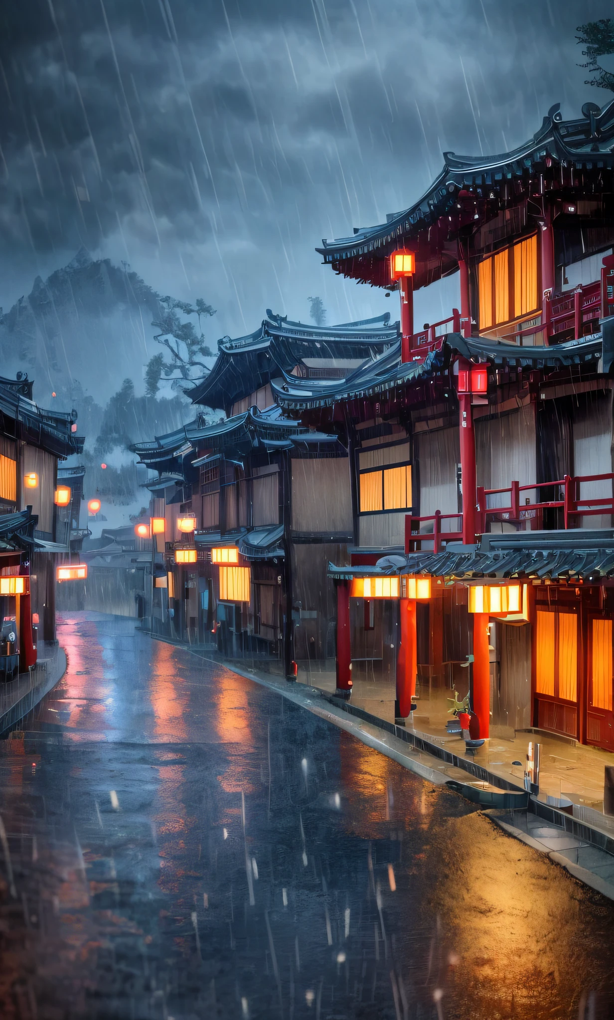 arafed view of a village with a lot of lights on the buildings, dreamy chinese town, chinese village, amazing wallpaper, japanese town, japanese village, hyper realistic photo of a town, old asian village, japanese city, by Raymond Han, rainy evening, cyberpunk chinese ancient castle, beautifully lit buildings, at evening during rain, beautiful and aesthetic, photography, cinematic, 8k, high detailed ((Heavy rain)))