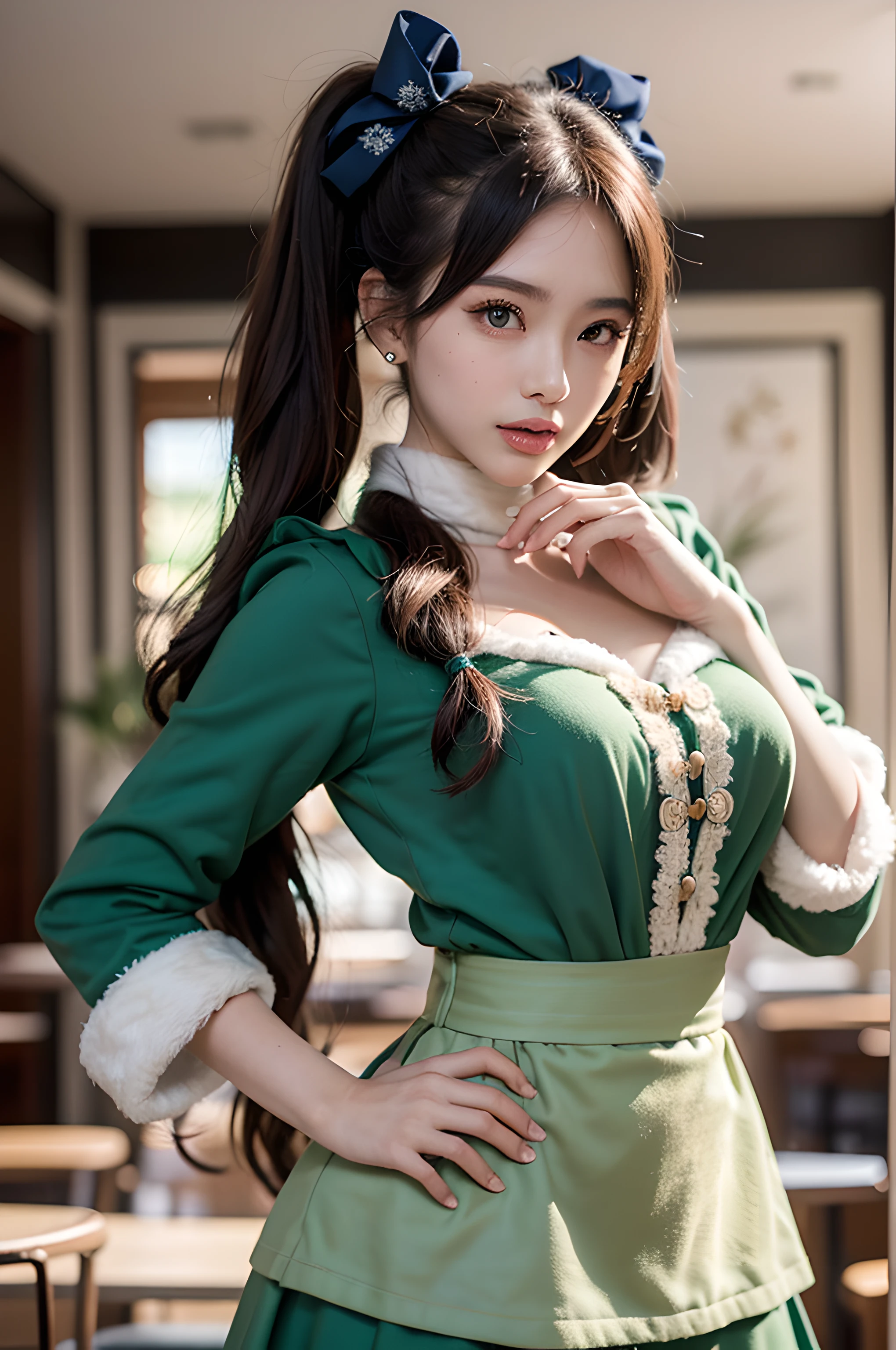 (masterpiece), (portrait), (aesthetic), (beautiful), (upper blody), (high quality), (aesthetic clothings), (professional angle), (rule of thirds), (Feminine), (woman), (female), (beautiful),(feminine features), (21 years), solo, 1 woman, (attractive Japanese), Winter, (Snowfall), (Morning), (Warm light), ((Holding Tray)), (Hands on Hips Hands), ((Looking Ahead Face)), ((Cheerful)), (Glamorous Make-up), (Moderate Bust), (Apron), ((Long Hair)), (Chestnut Hair), (Wavy Hair), (Pigtails hair), (Ribbon in Hair), (Wide Open Eyes), (Green Eyes), (Playful Look), Light skin, (Fur Collar Clothing), (Blouse), (-), (Skirt ), (Peter Pan Neckline), ((Café Interior background)), (Wide Shot Shot), beautiful hands, two hands, normal hands, two arms, complete hands, beautiful body, beautiful fingers, normal fingers, five fingers, five fingers, beautiful ears, normal ears, beautiful eyes, shiny eyes, beautiful mouth, beautiful lips,