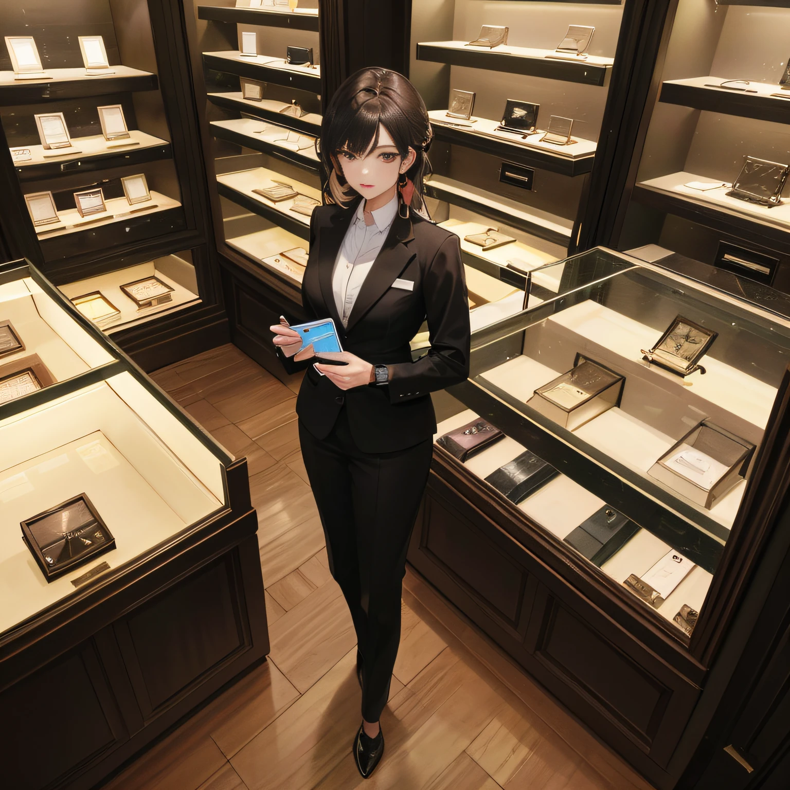 Masterpiece, the best picture quality, standing in a watch store, high-end luxury, a female clerk in a watch store in a professional suit holding a bank card in both hands, nervous