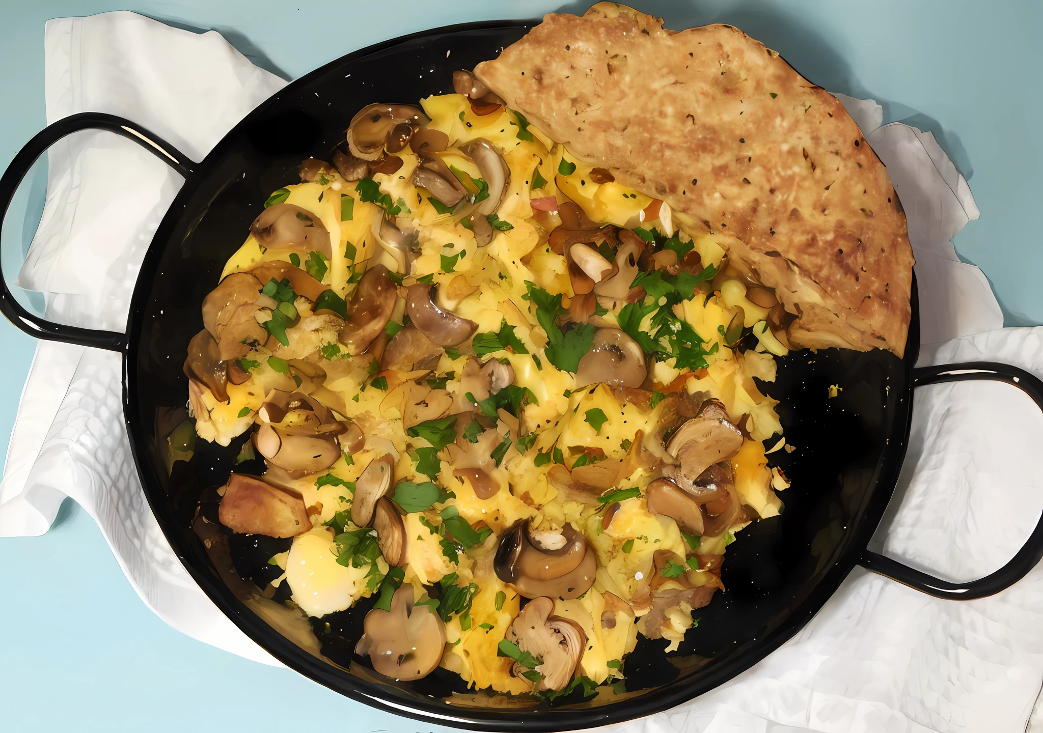 araffy omelet with mushrooms and onions in a black skillet, full face view, a wide full shot, inspired by Géza Dósa, cheesy, hearty breakfast, viewed from the side, yummy, added detail, inspired by Masamitsu Ōta, eggs, by Meredith Dillman, inspired by Eugène Boudin --auto
