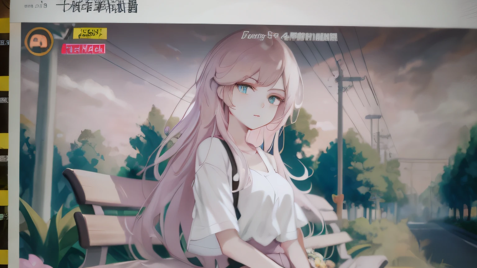 anime character sitting on a bench in front of a picture of a street, painted in anime painter studio, guweiz, artwork in the style of guweiz, from girls frontline, made with anime painter studio, anime girl with long hair, soft anime illustration, trending on pixiv, anime moe artstyle, girls frontline style, beautiful anime style, anime artstyle