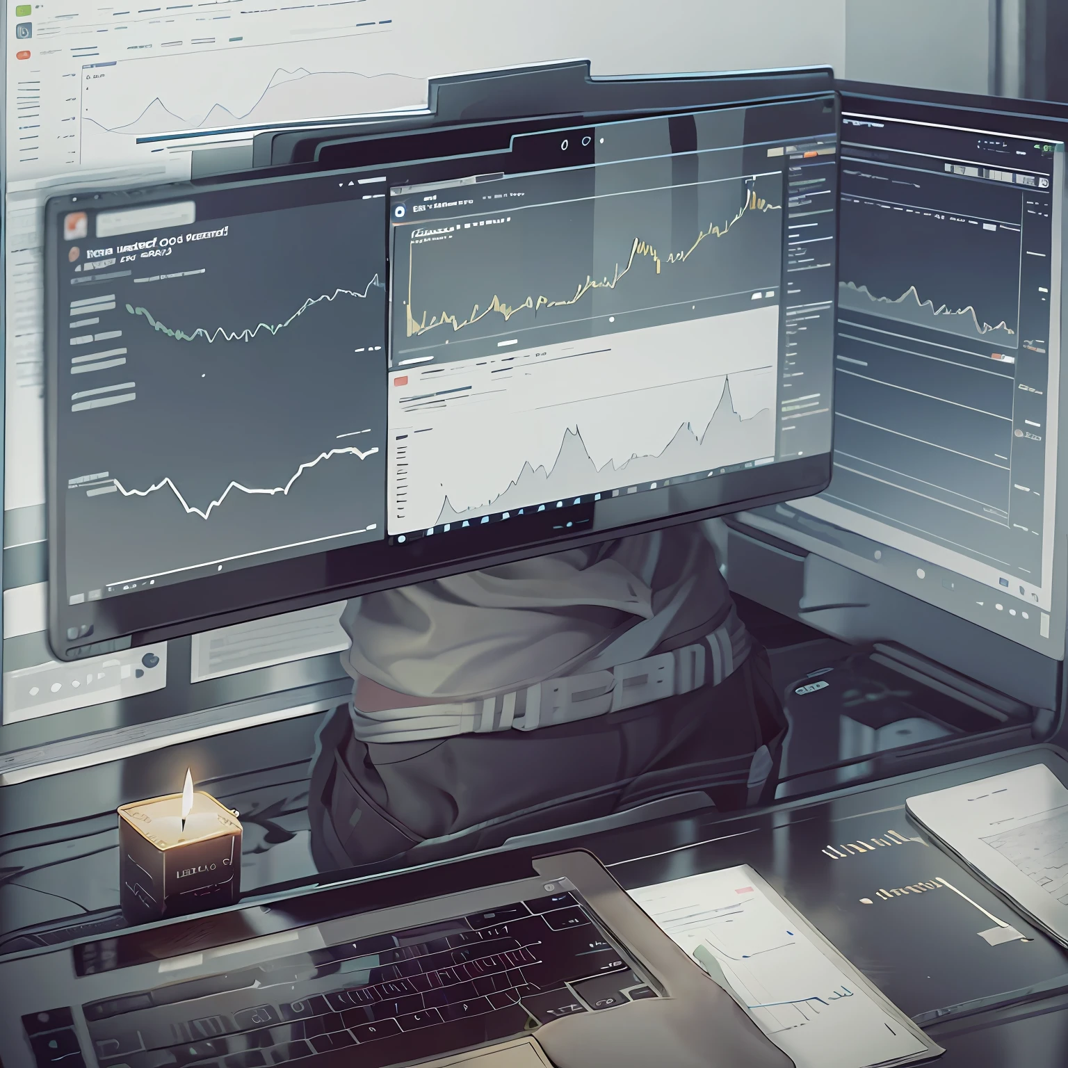 An image with a graphic representation of a stock exchange, with charts of candles rising and falling. It could include elements such as a person using a laptop, analyzing stock market data, and making trades. This image would convey the idea of investments in stocks and the importance of analyzing and monitoring the market.