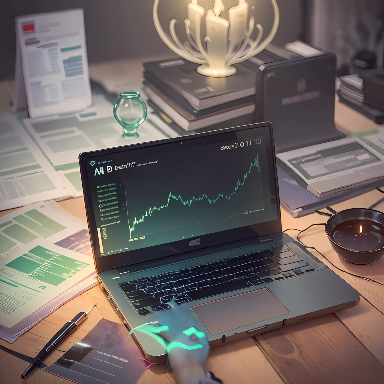 An image with a graphic representation of a stock exchange, with charts of candles rising and falling. It could include elements such as a person using a laptop, analyzing stock market data, and making trades. This image would convey the idea of investments in stocks and the importance of analyzing and monitoring the market.