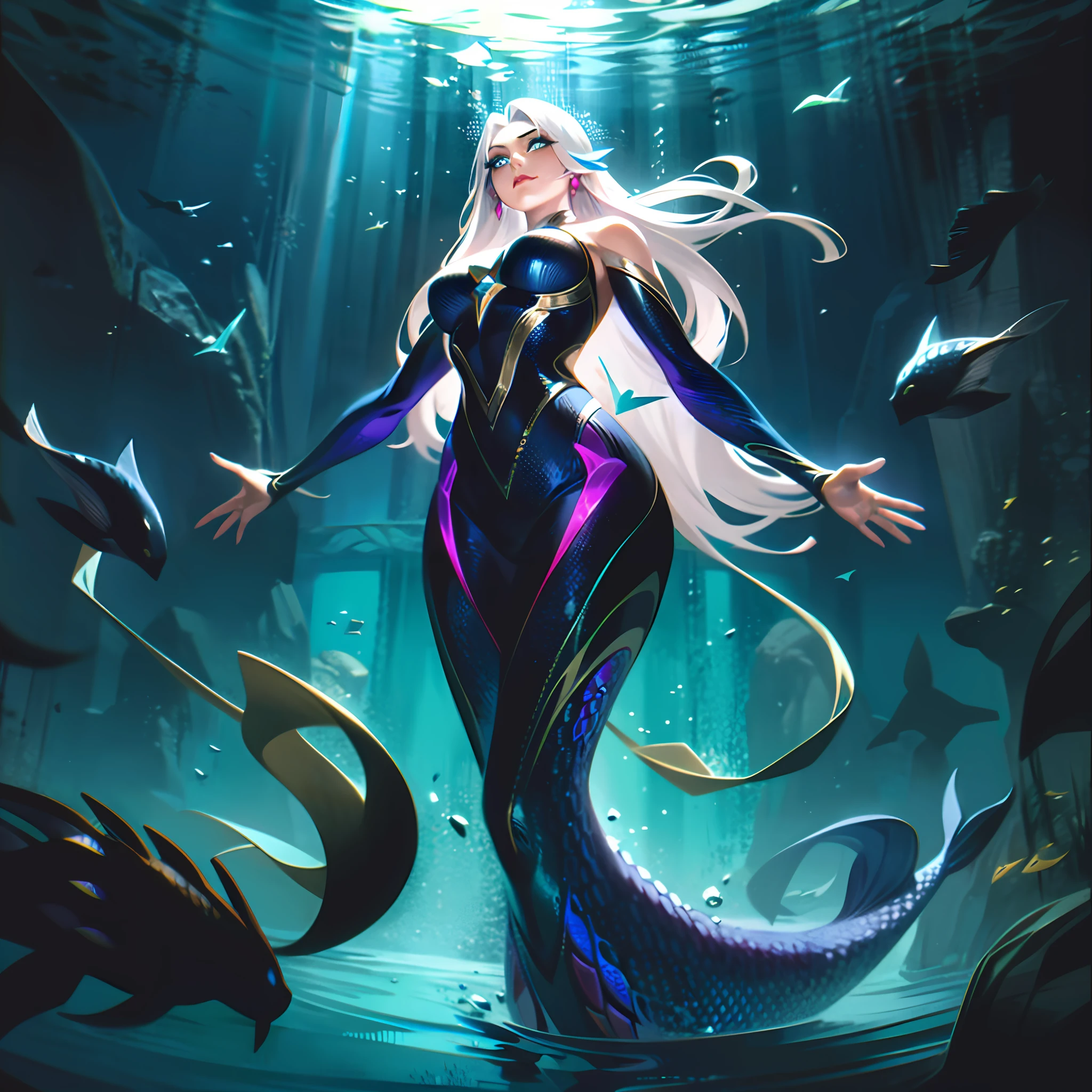 Oceana's Splash Art, the Mermaid of the Abyss, is a dazzling vision of power and mystery. The scene shows the champion emerging majestically from the depths of the ocean, surrounded by a whirlwind of water and currents. It occupies the center of the composition, capturing the immediate attention of those who observe it. Oceana has an impressive appearance, with long silvery hair that floats around it like seaweed, shining in the light of the sun's rays penetrating the dark waters. His graceful body is half human, half fish, with an iridescent skin that changes color, ranging between shades of deep blue and shimmering green. Its tail is magnificent, composed of silvery scales that seem to emit an ethereal glow. His eyes, an intense and piercing blue, are enigmatic and hypnotic, emanating an aura of power and wisdom. Oceana's face is beautiful and delicate, with soft features and a serene but mystery-laden expression. Oceana's posture is haughty and confident, her hands stretched forward, emanating an intense blue glow. Through your fingers, you can see water spells being woven, forming complex patterns in the air. The water around him seems to obey his commands, creating a magical and imposing aura. In the background of Splash Art, one can see a stunning underwater landscape, with colorful corals, rippling algae and the silhouette of exotic sea creatures swimming around. The lighting is composed of a combination of shades of blue and green, giving a sense of depth and mystery to the underwater environment, splashart, body lines, vibrant colors, exquisite details, cinematic, artstation, detailed face, by rossdraws, by Kienan Lafferty