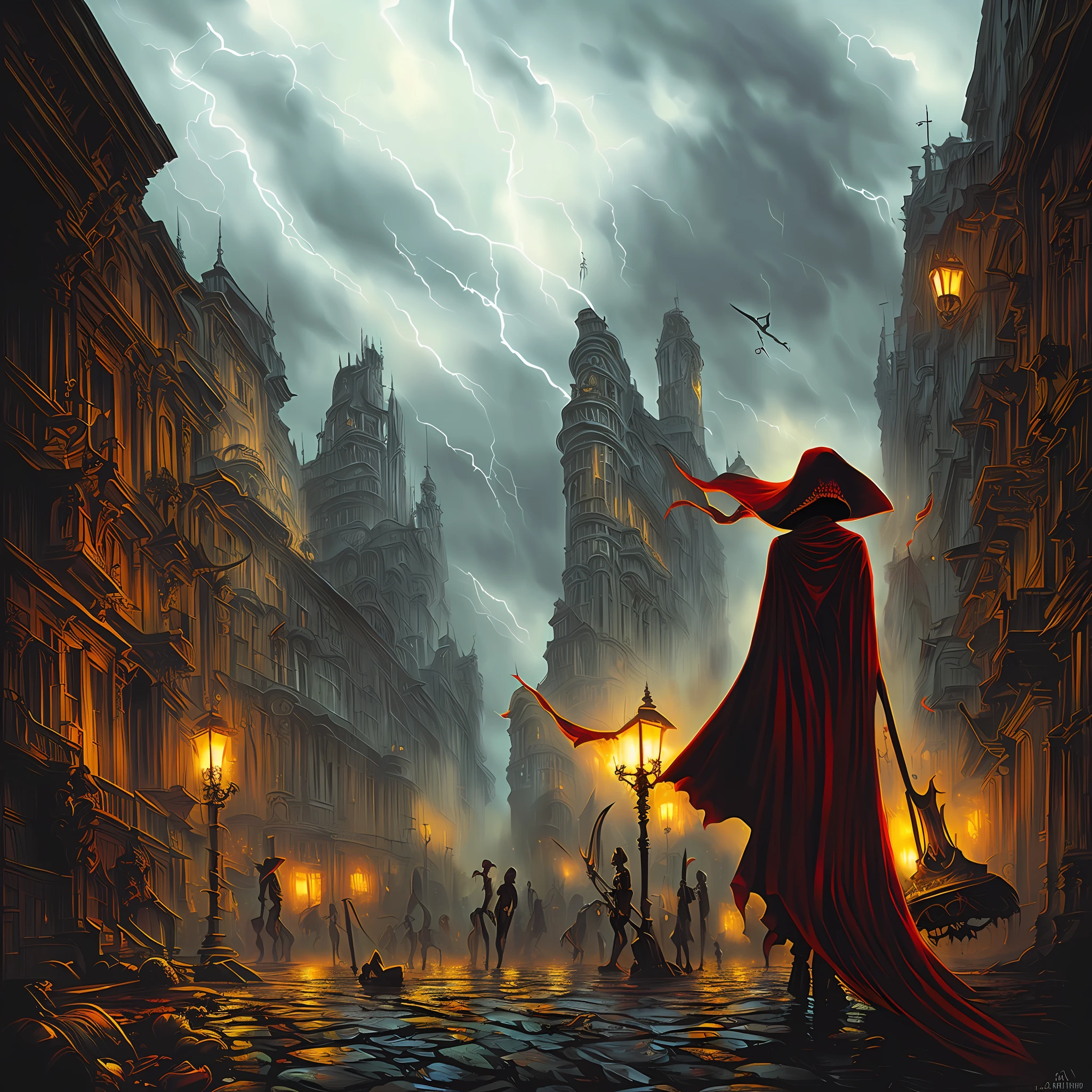 Portrait of female grim reaper with black lipstick, eyeliner, and hair with blood red highlights, portrait art, wielding a scythe while standing in alley. Massive Demonic skyscrapers loom in the background, skulls in foreground, digital painting, extreme detail, digital art, ultra hd, seb mckinnon, gustave dore, hyper detailed, james jean, dan mumford, greg rutkowski, artstation, hyperrealism, eldritch, thunderstorm, ethereal, ominous, photorealistic, laurie lipton, johan grenier, mark brooks, seb mckinnon, gustave dore, mark brooks, camilla d’errico, andy park --auto