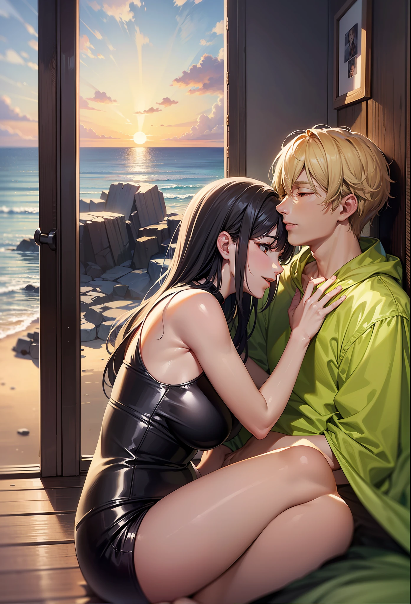 masterpiece, ultra-detailed CG unity 8k wallpaper, best quality illustration, a warm and cozy atmosphere, a summer scene in a seashore,beautiful sunset. The man has black hair and the woman has blond hair, sharing a happy moment together.