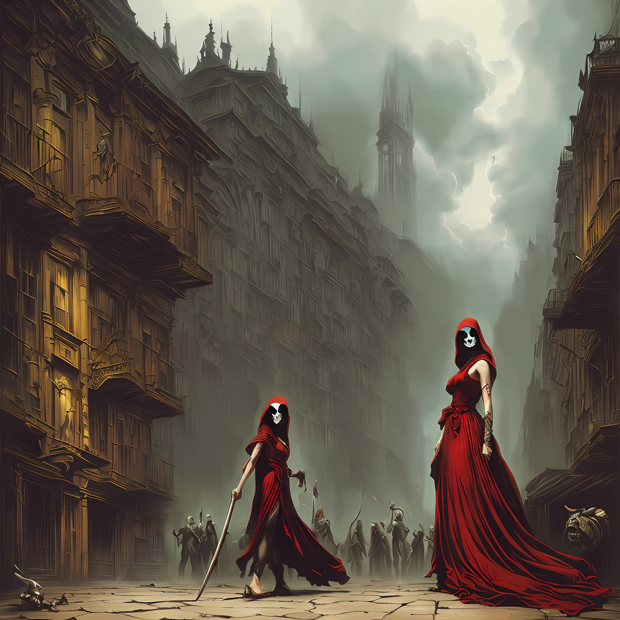 Portrait of female grim reaper with black lipstick, eyeliner, and hair with blood red highlights, portrait art, wielding a scythe while standing in alley. Massive Demonic skyscrapers loom in the background, skulls in foreground, digital painting, extreme detail, digital art, ultra hd, seb mckinnon, gustave dore, hyper detailed, james jean, dan mumford, greg rutkowski, artstation, hyperrealism, eldritch, thunderstorm, ethereal, ominous, photorealistic, laurie lipton, johan grenier, mark brooks, seb mckinnon, gustave dore, mark brooks, camilla d’errico, andy park --auto