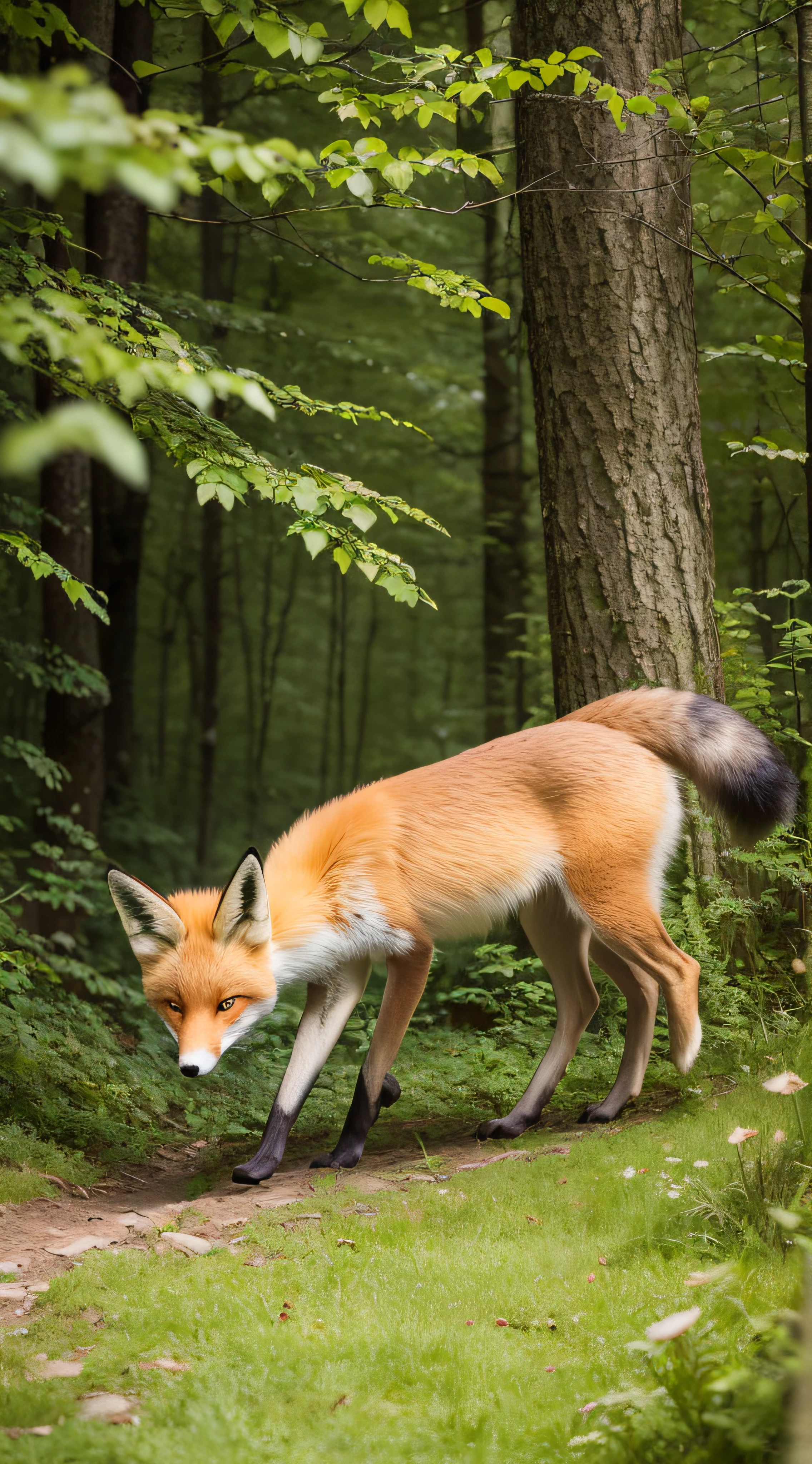 Realistic photograph, a fox and its beautiful tail among the trees in a forest clearing, 8K --auto