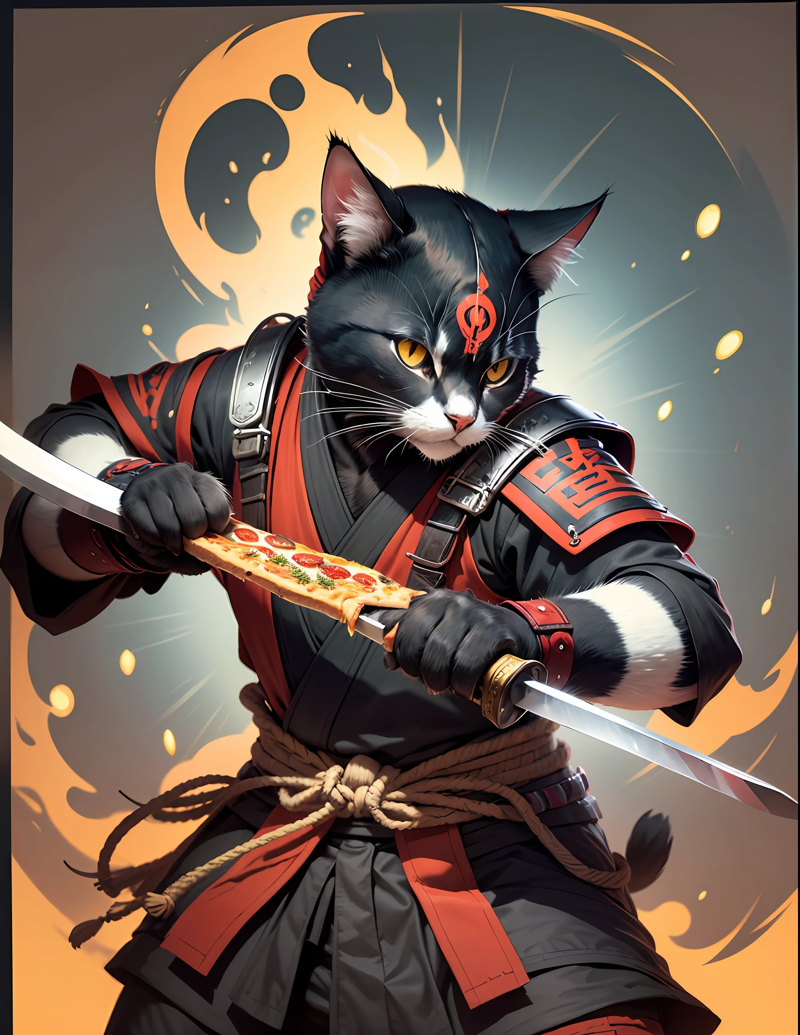 A samurai cat wearing ninja-like samurai clothing wearing a samurai hat holding a katana in one hand and a slice of pizza in the other hand in Japanese-style, flat colors --auto