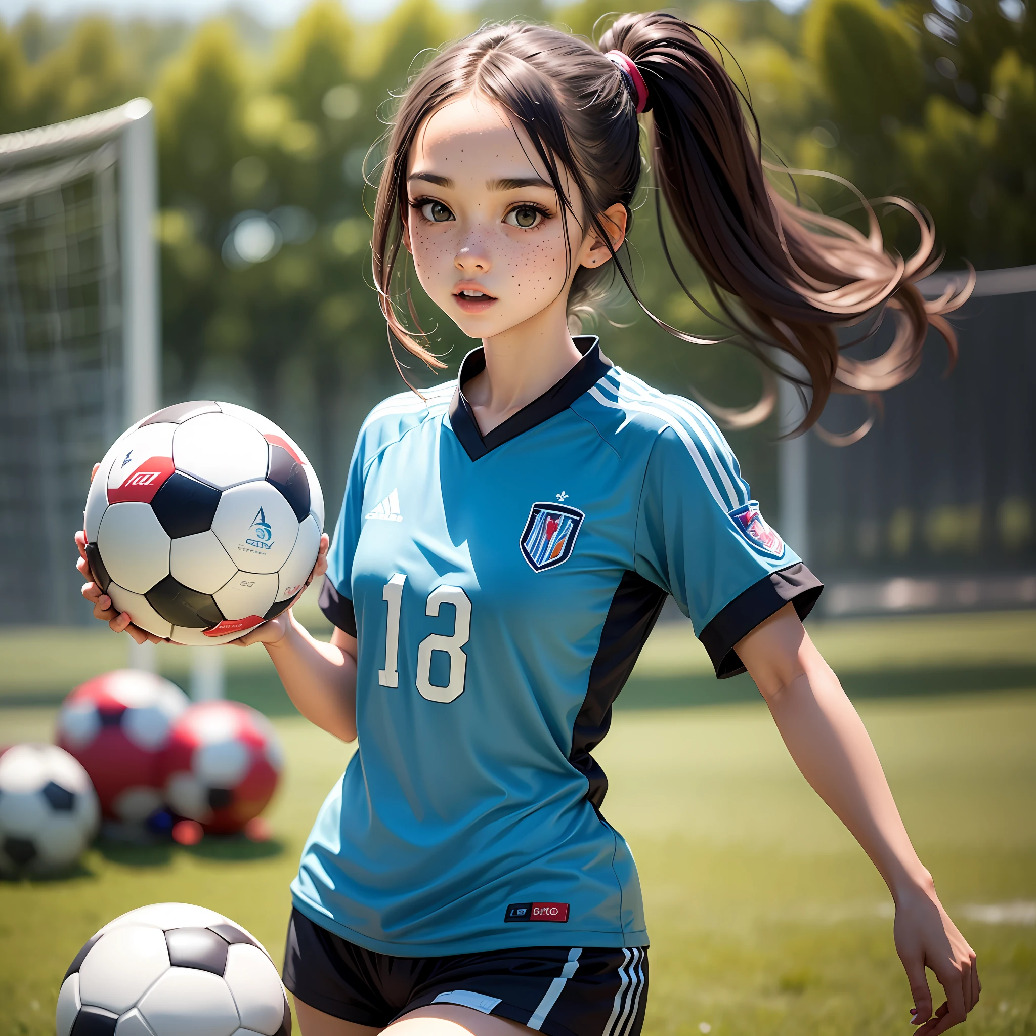 Girl in blue soccer jersey, cute, thin freckles, holding a ball, --auto