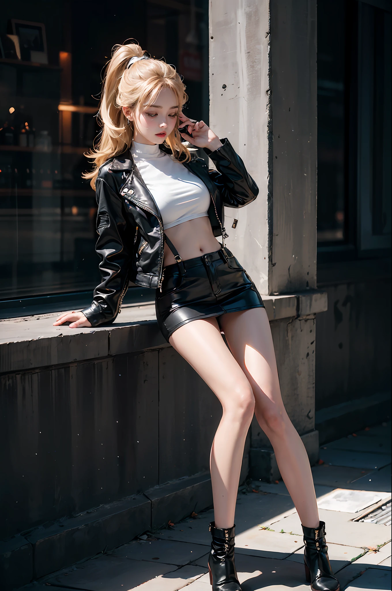 A 30-year-old woman, (high top fade: 1.3), long hair, dark theme, soothing tones, pastel colors, high contrast, small white suspenders, beautiful breasts, beautiful belly, T-back pants, black leather jacket, beautiful legs, black leather miniskirt, perfect legs, beautiful knees, full body 1.3, (natural skin texture, surrealism, soft light, sharp),