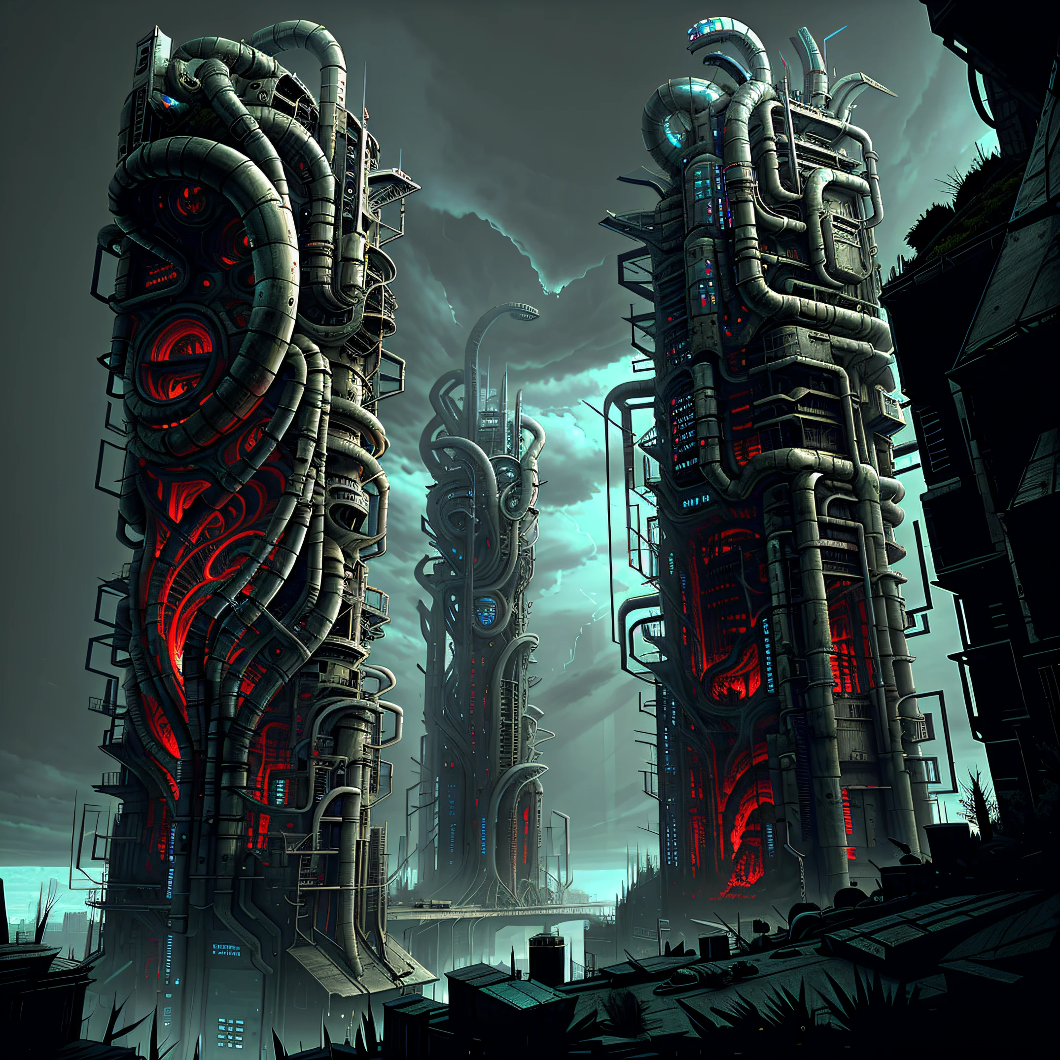 Panoramic angle, view from the top, biomechanical infernal place, horror art, access to negative dimension, spiked walls, madness, UHD, unreal engine, sketch color drawing, very detailed, masterpiece