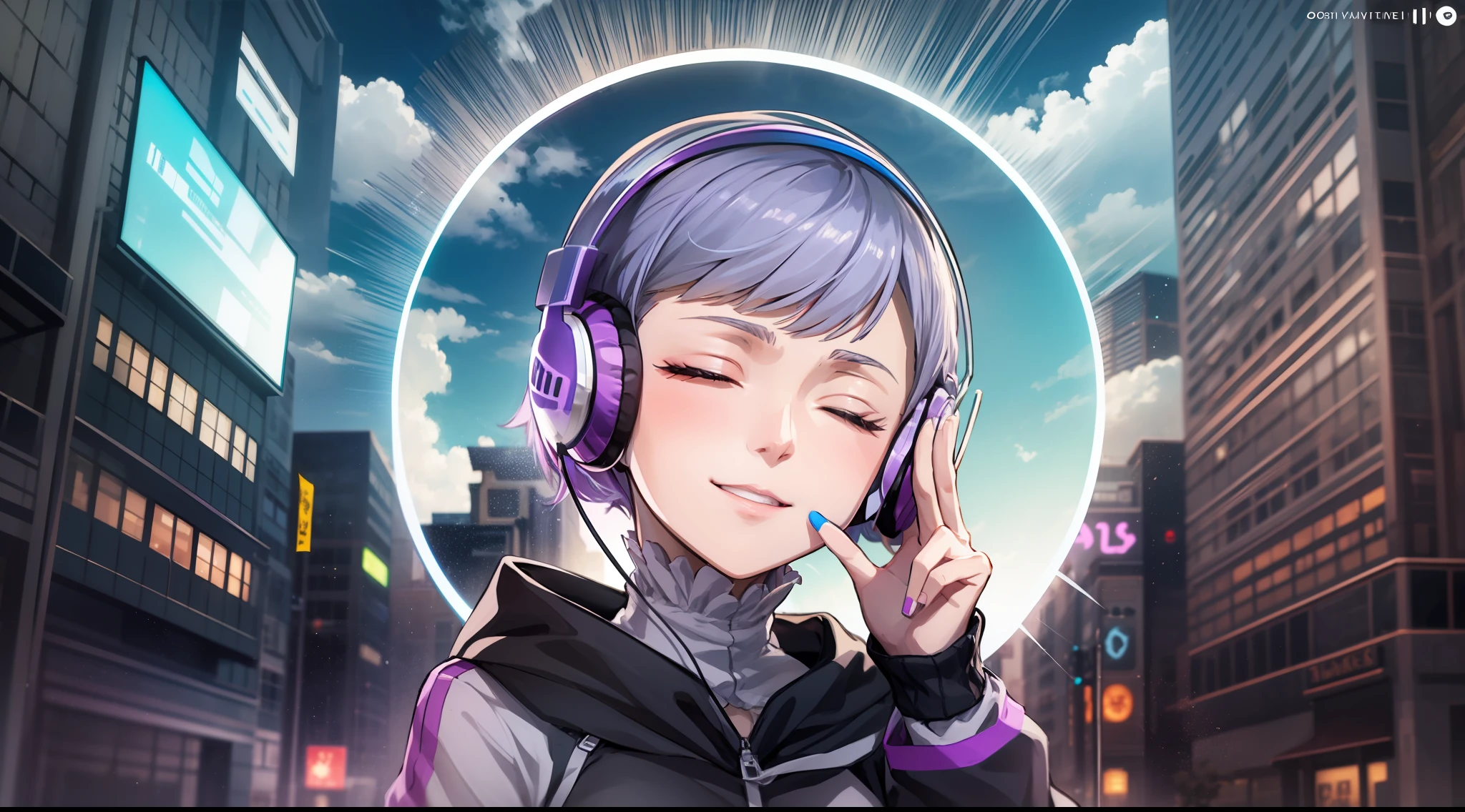 Woman with peace sense headset, closed eyes, beautiful face, RGB colors, bright purple hair, anime, banner for youtube video, happy girl, clouds with RGB colors, bright RGB colors.