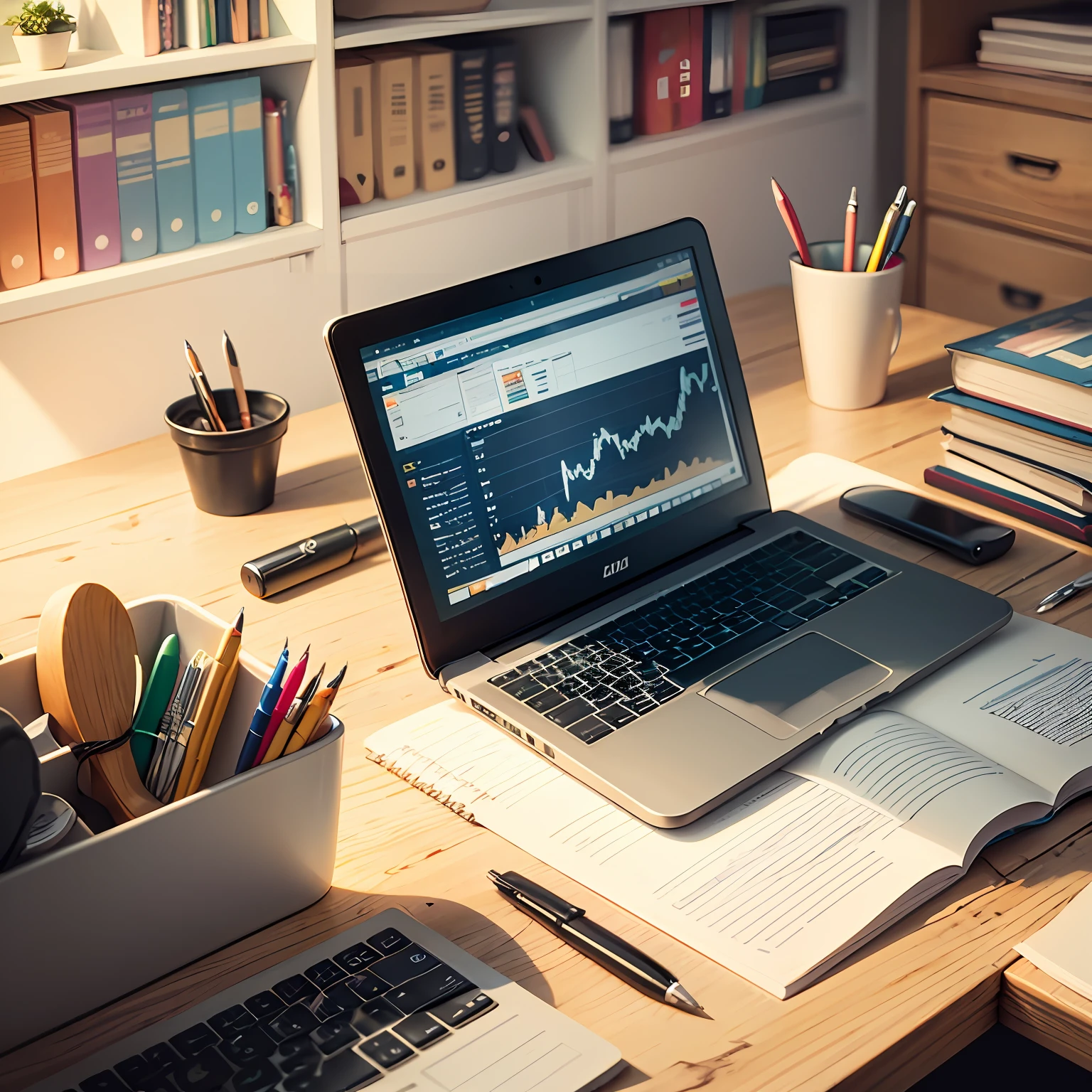image with an organized office desk, with an open notebook, pens and financial charts. In the background, you could have a wallet or a piggy bank, symbolizing the importance of efficient financial planning to achieve goals and control spending. --auto