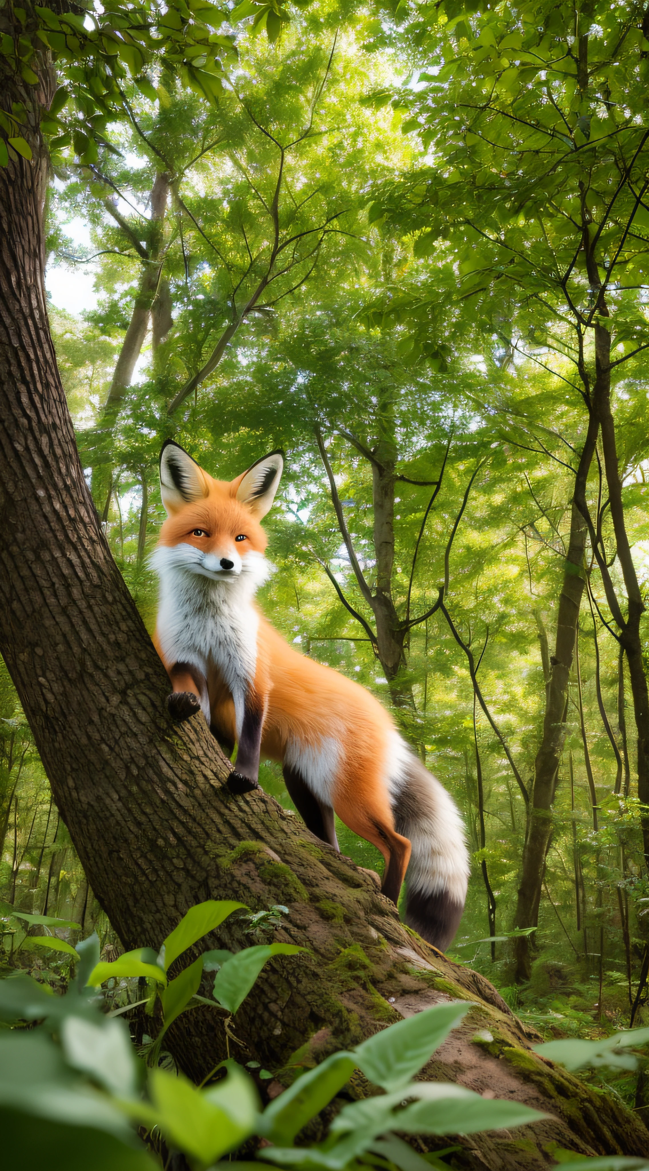 Realistic photograph, a fox and its beautiful tail among the trees in a forest clearing, 8K --auto