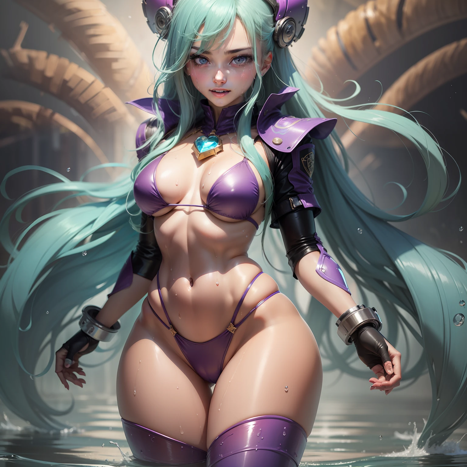 perfect anatomy, 1girl, solo, mememe, long hair, aqua hair, blunt bangs, pink eyes, micro blue bikini, purple sleeves, purple tights, full body, walking in public, smiling, bikini, beautiful, masterpiece, very shiny body, bright colors, simple background, perfect lighting, perfect shadows, perfect eyes, perfect hair, perfect body, looking at the viewer, wet, heart-shaped pupils, standing, slim,  wet, best quality, detailed image, colorful, gorgeous body, hourglass body, incredibly shiny body, one girl, one character, solo, 1girl, beautiful, masterpiece, detailed image, colorful, detailed face, perfect lighting, perfect shadows, perfect eyes, girl focus, perfect hair, pupils of different colors, flawless face, shiny body, 1girl, solo, center focus, sweat, wet, heart-shaped pupils, incredibly shiny  body, close-up