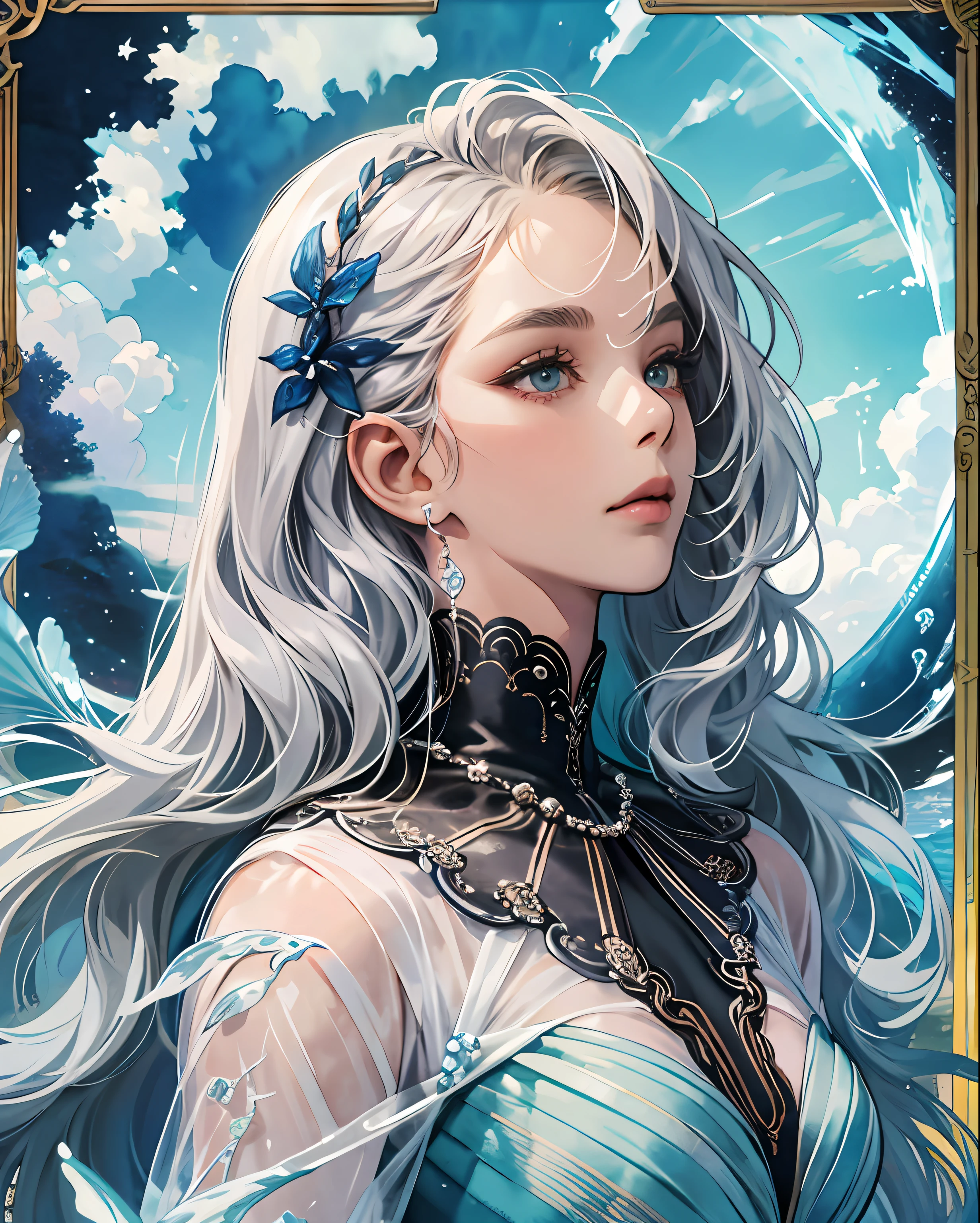 (extremely delicate and beautiful, watercolor (average), dark skin, afro skin, official art, beautiful and aesthetic:1.2), (fractal art: 1,3), 8k,(masterpiece:1.0),(best_quality:1.0), 1girl, mature woman, complex details, enlarged textures, complex details, finely detailed eyes and detailed face, intricate details, dark skin, brown skin, dark skin, long silver hair with blue locks, mermaid clothing or sea-inspired clothing, with details of shells and pearls,fluid dress in shades of blue and silver, black skin, soft and soothing, (closed mouth), perfect eyes, equal eyes, shades of silver and blue, magical aura, liquid, cloud, colorful, scales,delicate, (goddess) sweet and delicate appearance