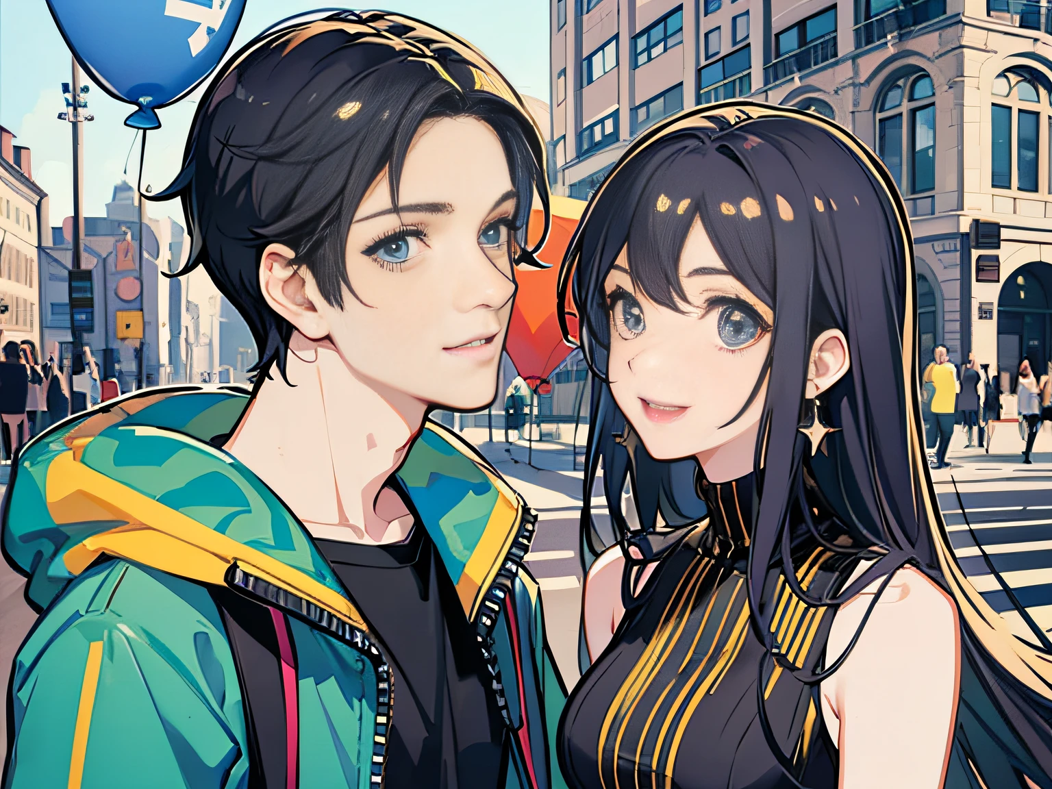 (Masterpiece), (Best quality), 1 male and 1 female, fine facial features, couple, height difference, happy, love, smile, casual wear, playground, balloon, comic, bright colors