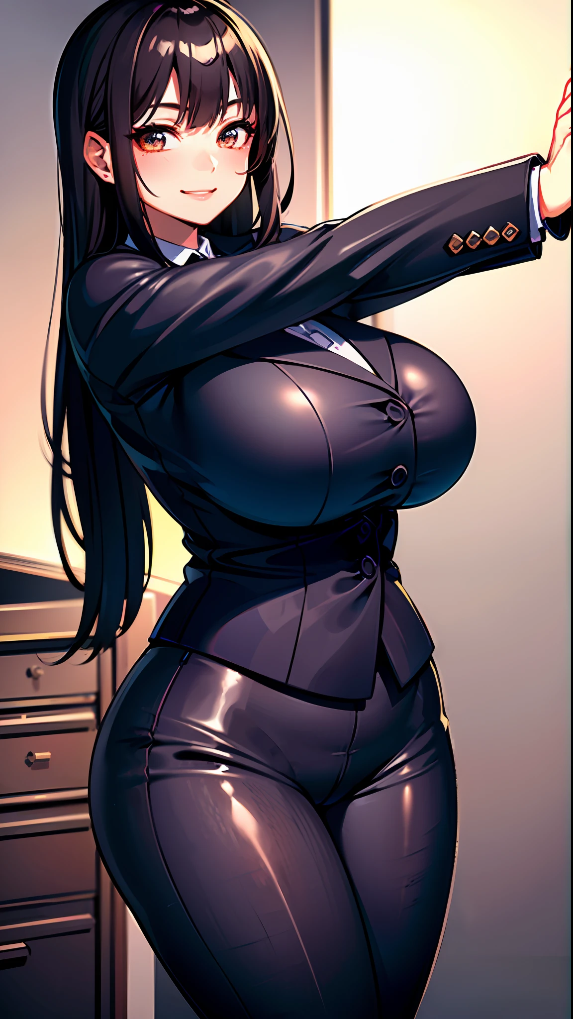 (Best quality, 8k, 32k, Masterpiece, UHD:1.2), 1girl, beautiful Japanese woman,long hair,short, wide hips,gigantic breasts,gray suit,office lady, suit, pants, front, office room, desk, (stretches buttocks:1.2), detailed face, looking at viewer,smiling