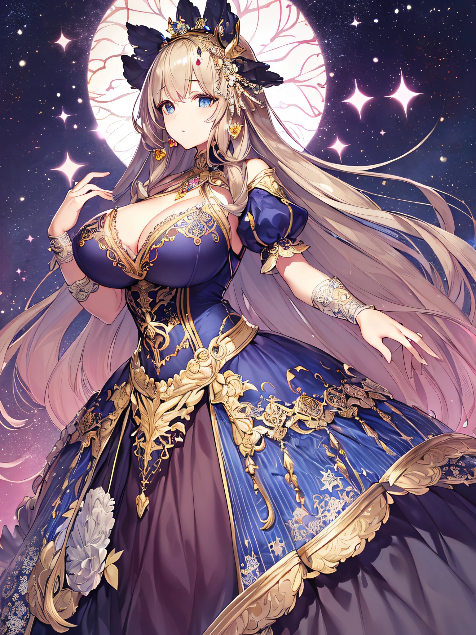 ((anime moe artstyle)),(Masterpiece),(Best Quality), (Super Detail),Illustration,((Very Delicate and Beautiful)),Focus on character,Dynamic Angle,Looking at viewer,((Solo)),standing,(((full body))),(((one noble princess in gorgeous ball gown with voluminous skirt))),detailed face and eyes,jewel-like eyes,((Very Long voluminous Hair)),gorgeous embroidery and lace,See-through,ornate ruffles,Gorgeous jewelry ornaments,(gigantic breasts,Long breasts),((gorgeous ball gown with voluminous skirt)),full body
