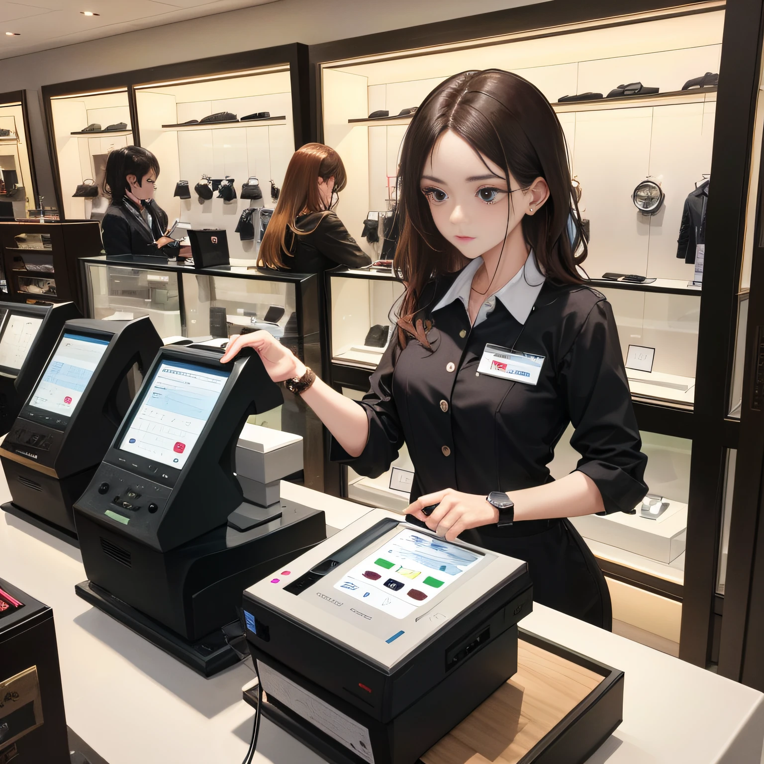 Masterpiece, best picture quality, high-end luxury watch store, standing in a watch store, a female clerk in professional clothes holds a POS machine in her hand to swipe the card