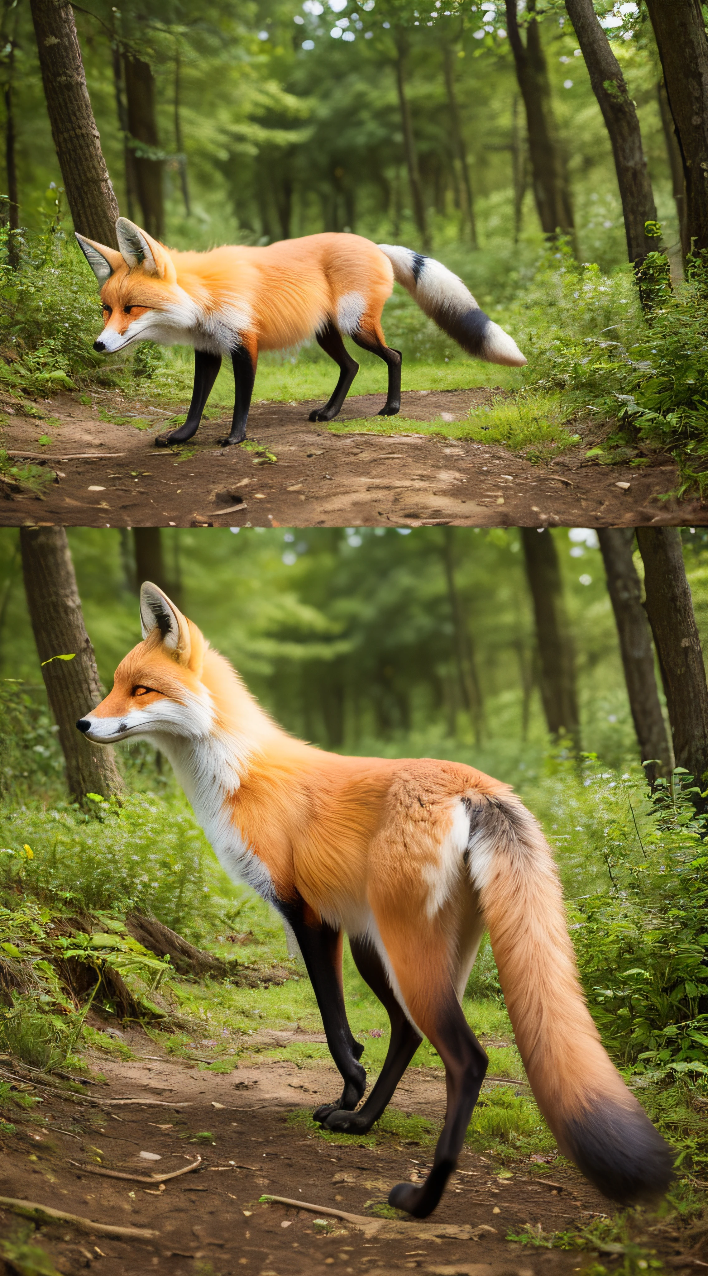 Realistic photograph, a fox and its beautiful tail among the trees in a forest clearing, 8K --auto