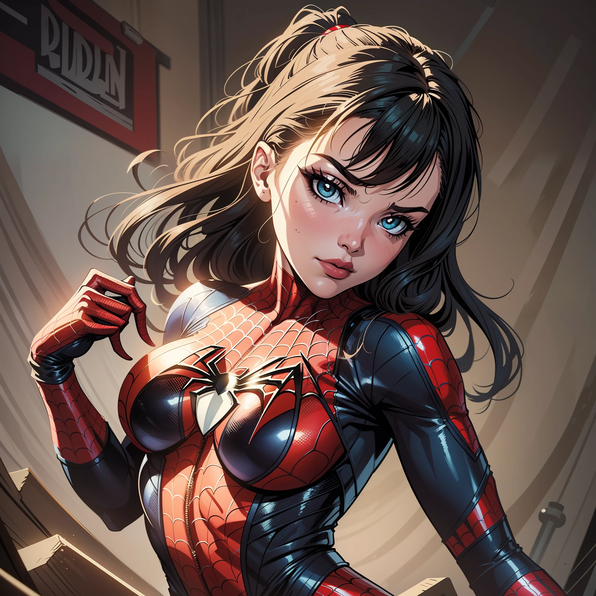 Comic style, inked, lineart style, A woman dressed in a Spider-Man costume, dressed in a business suit, influencia de DeviantArt, dynamic lighting, cinematic shadows, flat art, uhd