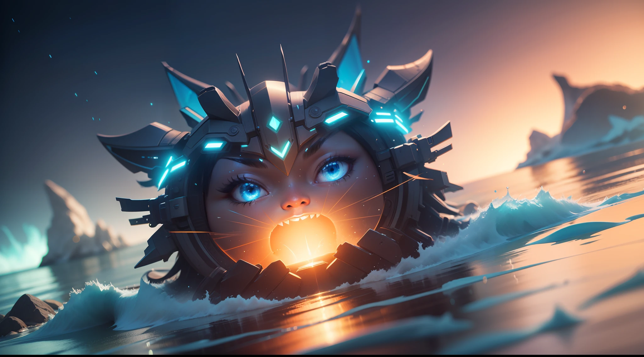 Masterpiece, best quality, extremely beautiful reflection, best reflection. (Very detailed CG unity 8k wallpaper), (best quality), font logo ocean blue (glow), (particle effect). , isometric 3D, Octane rendering, ray tracing, super detailed