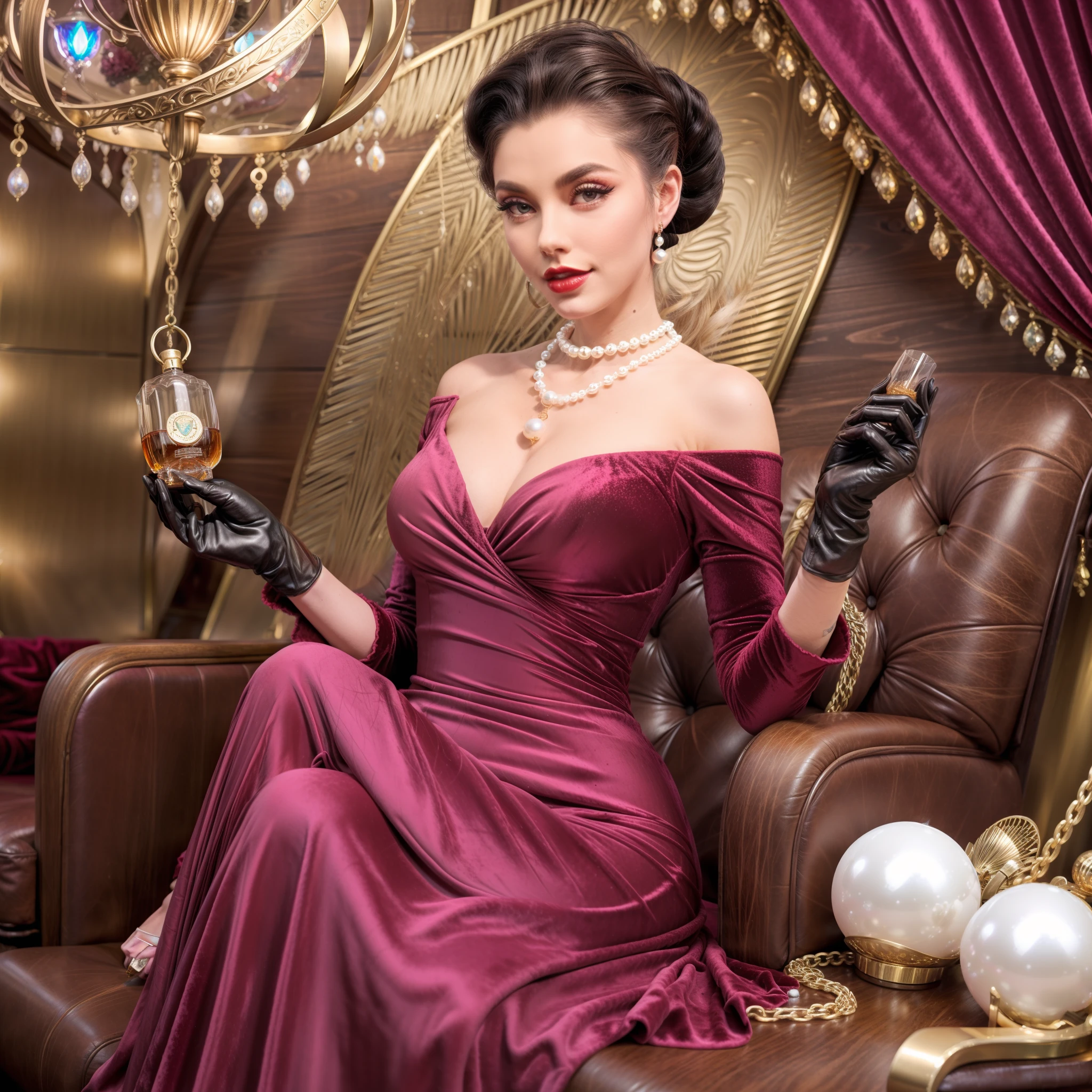 Exuding timeless elegance, our vintage icon wears a glamorous 1950s-style gown, complete with gloves and a pearl necklace. Her makeup features winged eyeliner, red lips, and perfectly arched eyebrows, reminiscent of the golden era. Her hair is styled in victory rolls, accentuating her classic beauty. Holding a crystal decanter of Pappy Van Winkle whiskey, she exudes sophistication. The background design showcases a luxurious vintage lounge, adorned with velvet curtains and crystal chandeliers