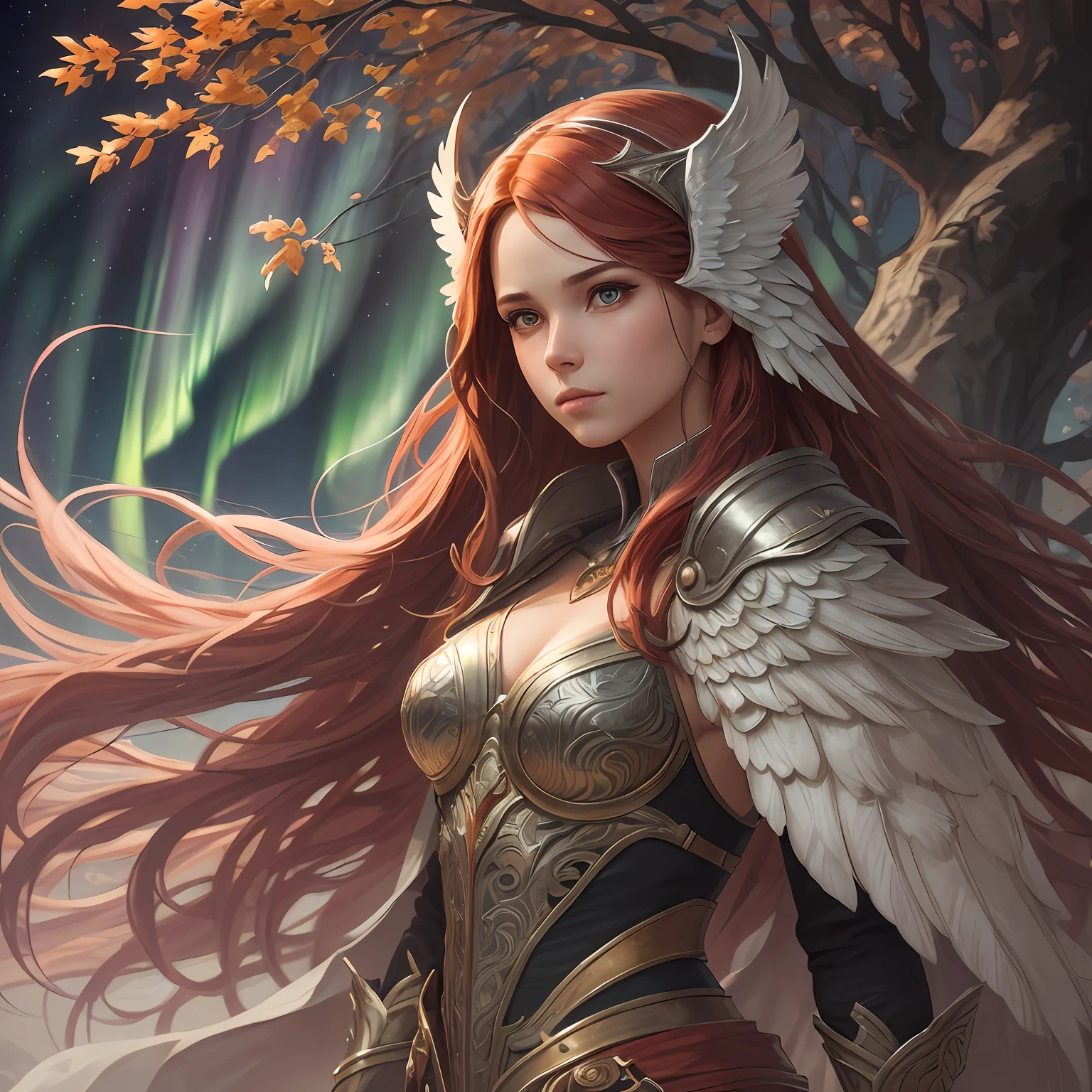 (atmosphere with light and a tree behind)+ 8k aurora portrait, girl with super long hair, super long very light red hair, in battle clothes, with giant silver wings on the back, intricate, highly detailed, digital painting, smooth, sharp focus, illustration, unreal engine 5, 8 k, art by Artgerm and Greg Rutkowski and Alphonse Mucha
