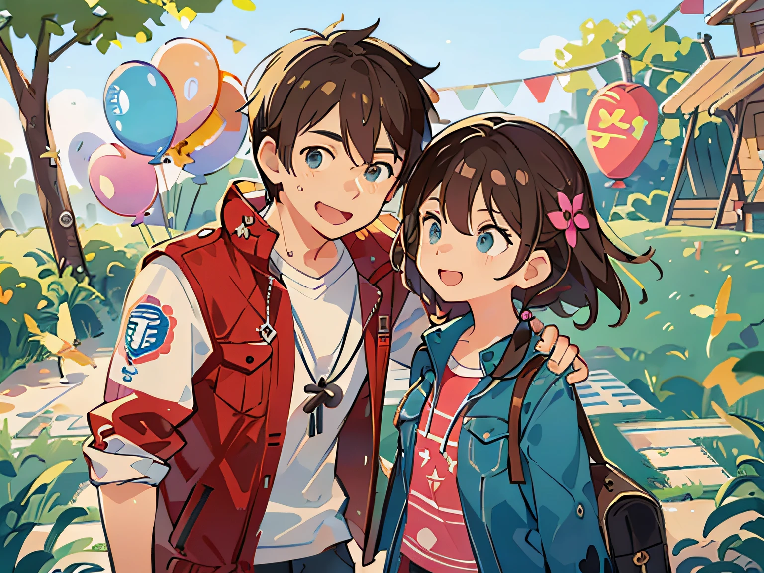 (Masterpiece), (Best quality), 1 man and 1 woman, fine facial features, couples, , height difference, happy, love, smile, casual wear, playground, rides, lots of balloons, bright colors