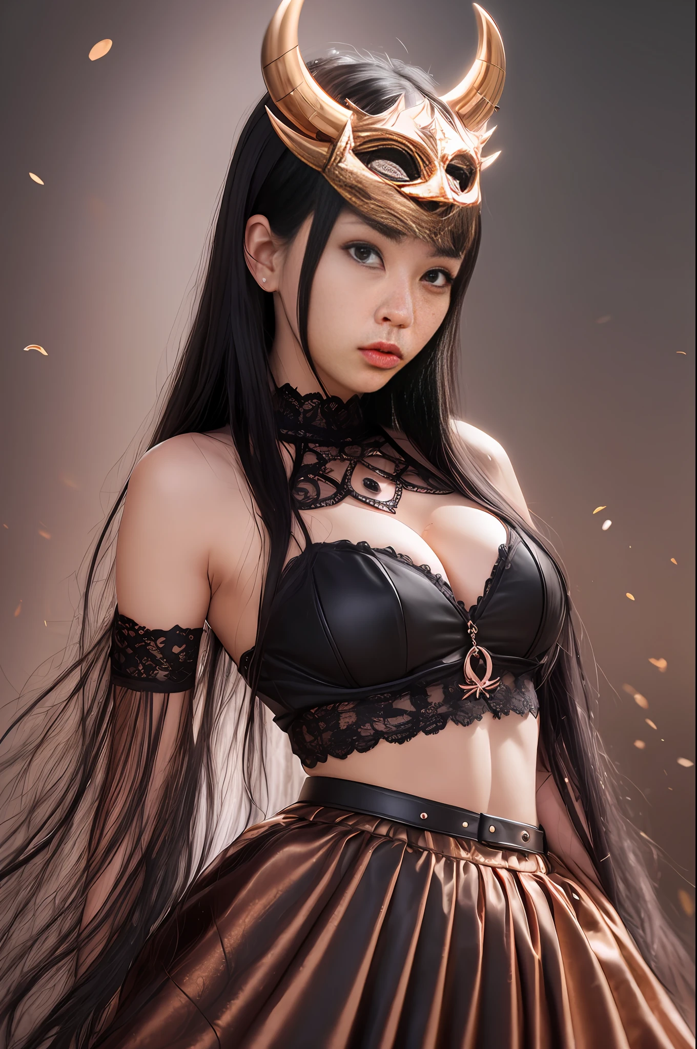 Rose gold skirt with black hair，she wears a demon mask on the back of his head，White skin glare，