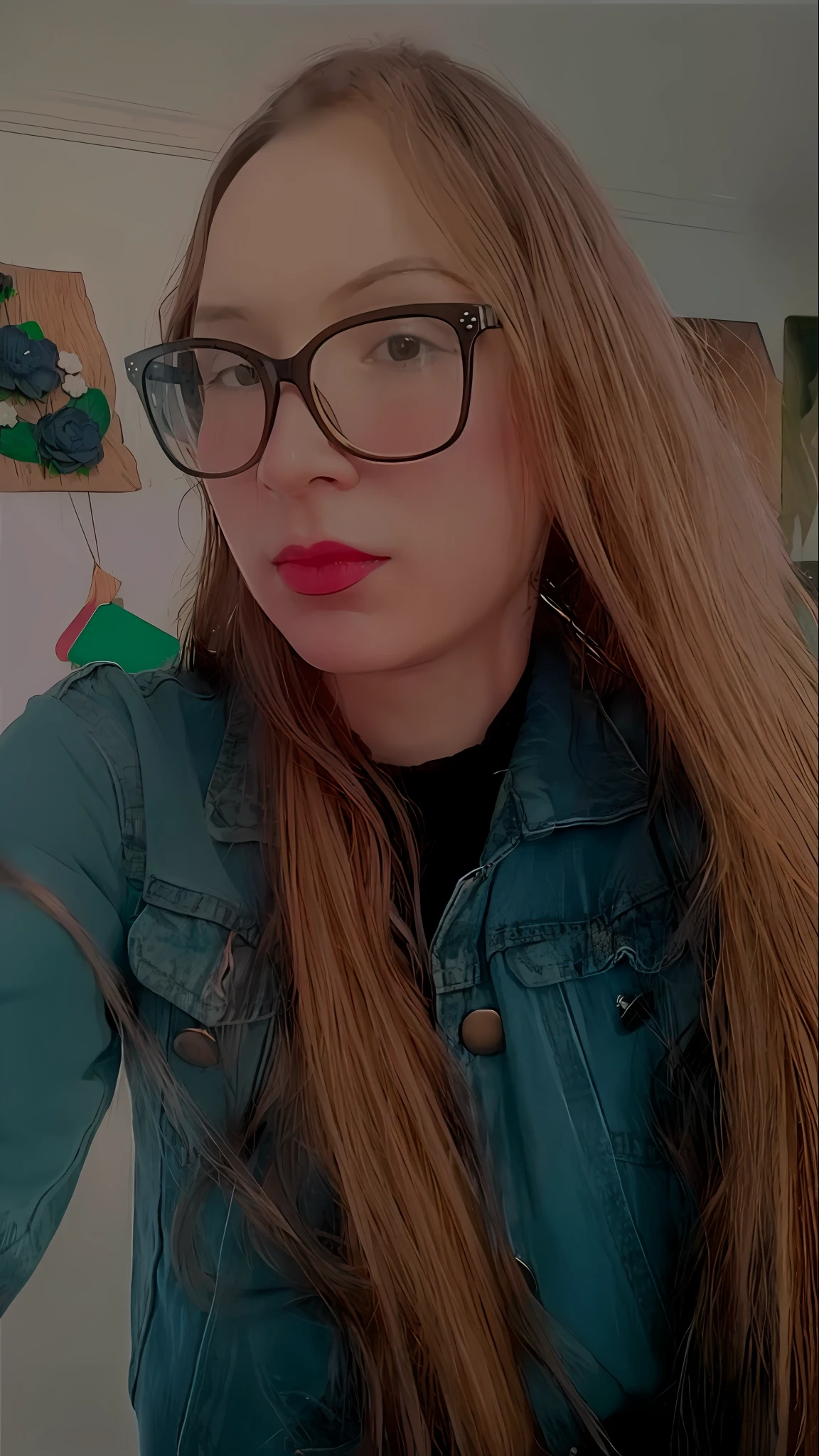 arafed woman with glasses and a denim jacket taking a selfie, very very low quality picture, low quality photo, !!wearing modern glasses!!, very very low quality, with glasses, profile image, around 1 9 , girl with glasses, !!wearing glasses!!, low quality photograph, taken in the early 2020s, foto realista