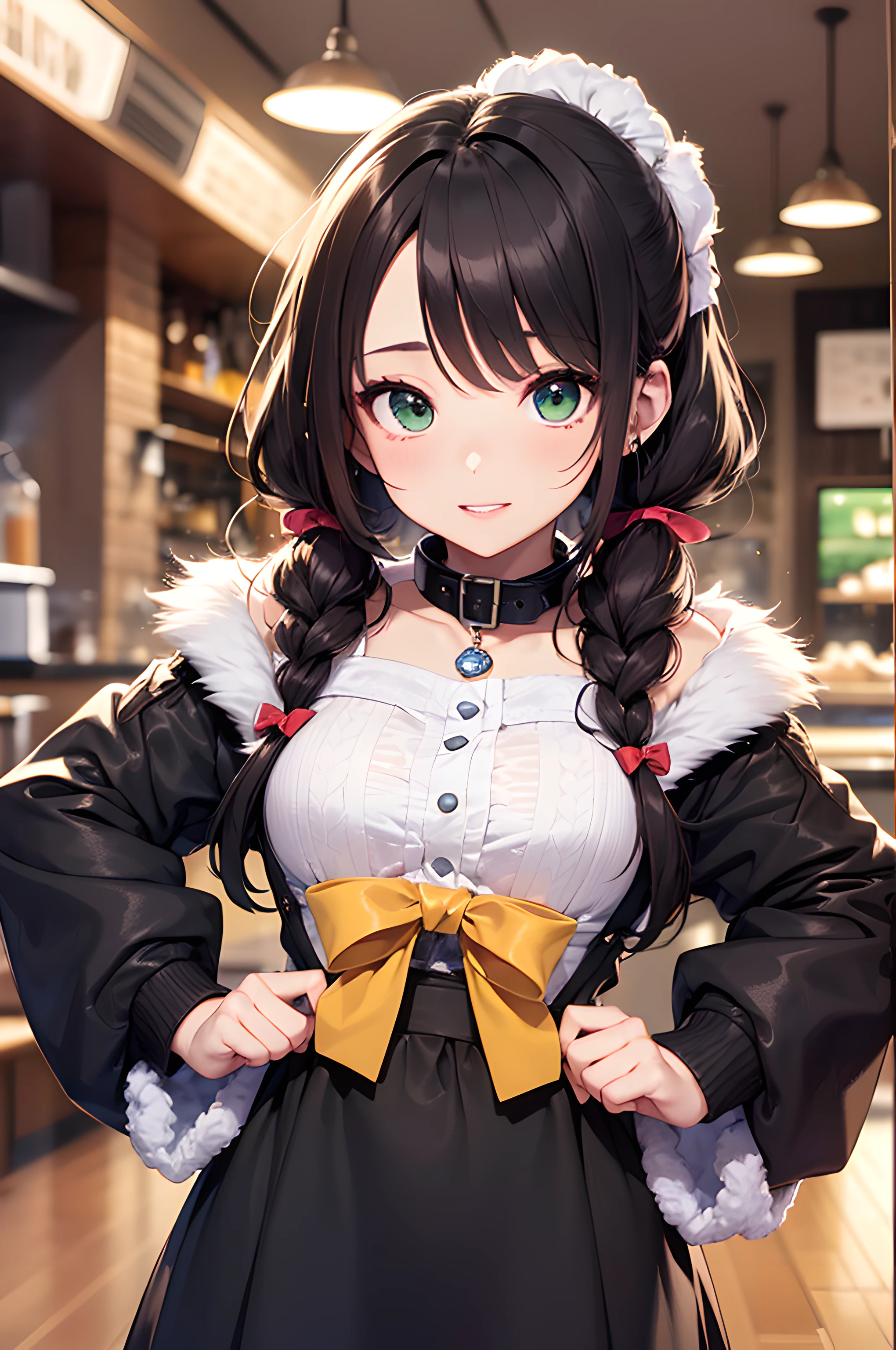 (masterpiece), (portrait), (aesthetic), (beautiful), (upper blody), (high quality), (aesthetic clothings), (professional angle), (rule of thirds), (Feminine), (woman), (female), (beautiful),(feminine features), (21 years), solo, 1 woman, (attractive Japanese), Winter, (Snowfall), (Morning), (Warm light), ((Holding Tray)), (Hands on ???? Hands), ((Looking Ahead Face)), ((Cheerful)), (Glamorous Make-up), (Moderate Bust), (Apron), ((Long Hair)), (Chestnut Hair), (Wavy Hair), (Pigtails hair), (Ribbon in Hair), (Wide Open Eyes), (Green Eyes), (Playful Look), Light skin, (Fur Collar Clothing), (Blouse), (-), (Skirt ), (Peter Pan Neckline), ((Café Interior background)), (Wide Shot Shot), beautiful hands, two hands, normal hands, two arms, complete hands, beautiful body, beautiful fingers, normal fingers, five fingers, five fingers, beautiful ears, normal ears, beautiful eyes, shiny eyes, beautiful mouth, beautiful lips,