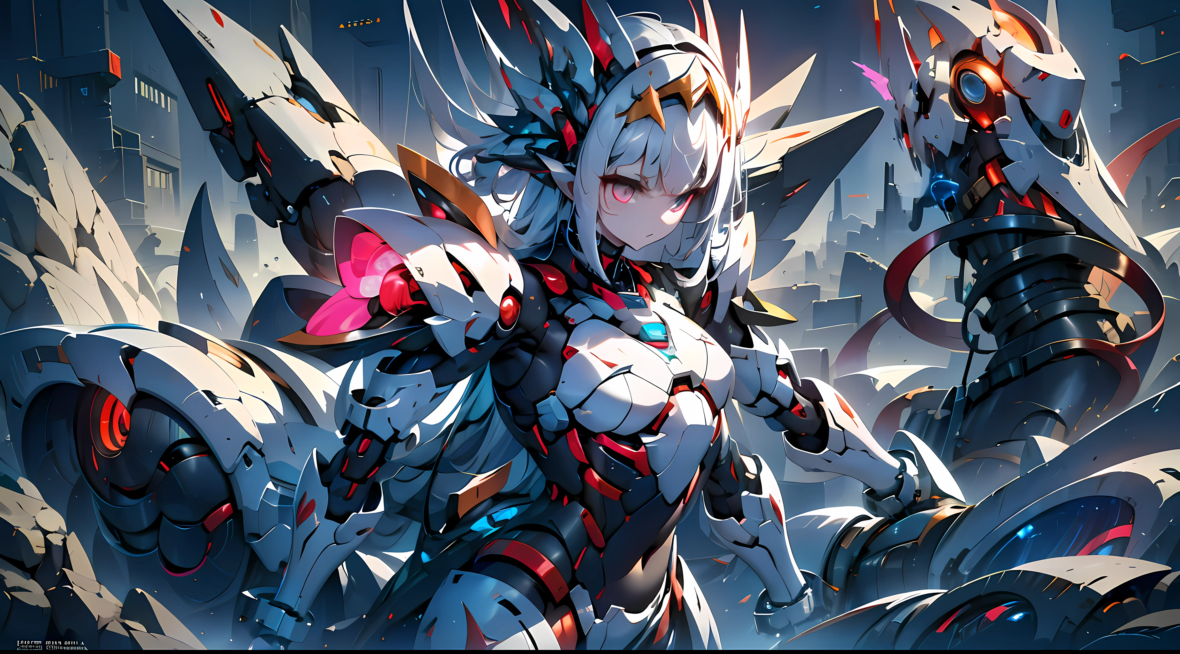 (Dark environment: 2.0) Closed room, a young woman's armor with intoxicating curves, enchanting charm, and plump chest, with a high degree of anthropomorphism, the armored body is composed of a human body wearing a white tight one-piece leather suit, the armor color is white, the surface of the body is decorated with random symmetrical blue gemstones, the skin of the character's face is mechanized into white mechanical skin, the whole body of the mecha is parasitized by red mechanized octopus tentacles, the tentacles and the host body are perfectly integrated, the tentacles and the host organs are perfectly integrated, The armored whole body has obvious tentacle characteristics, the white tight one-piece leather clothing on the surface of the armored body is replaced by a black corset formed by parasitic tentacles, revealing the chest, the lower abdomen is exposed, 4 red-white mechanized tentacles grow on the back, there are flying small flying robots next to it, only one armor is rendered, and there is no other armor in the picture,