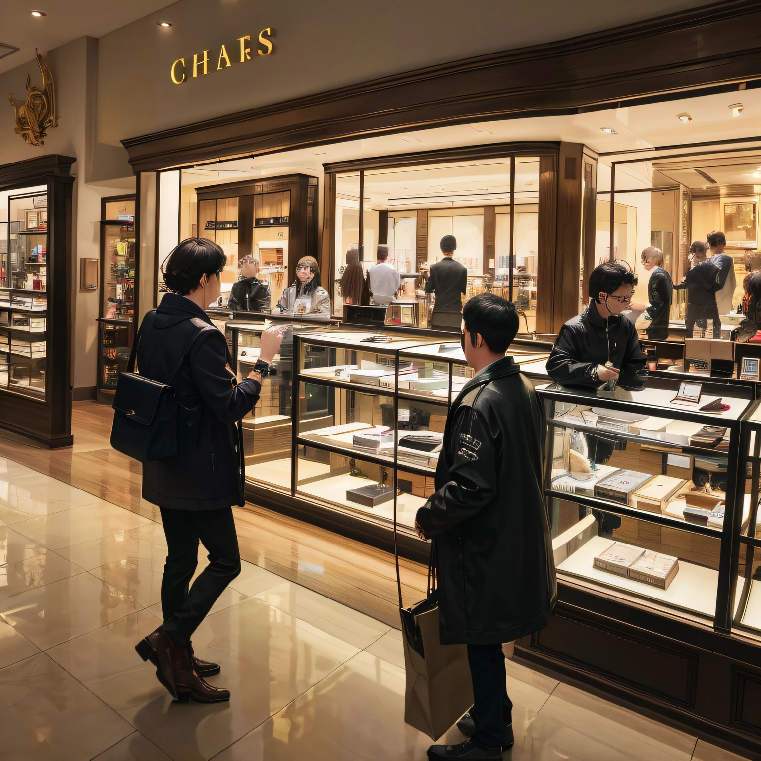 Masterpiece, the best picture quality, high-end luxury watch store, watch store door, surrounded by a group of people, looking at the watch store, surprised, can't believe, chat