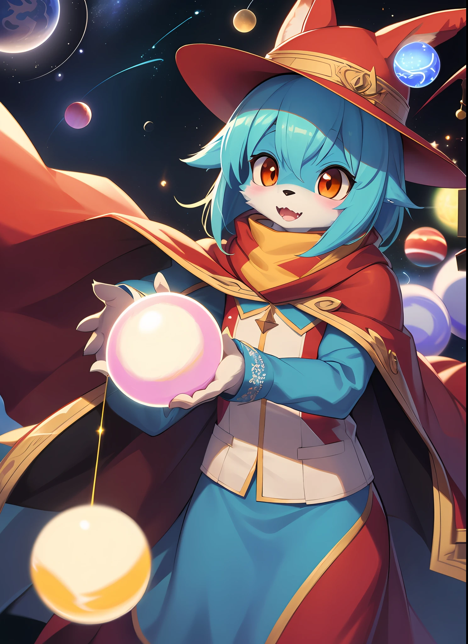 masterpiece, high quality portrait, 3D realistic CG, dramatic lighting, intricate details, sharp focus, 16k, anthro, furry, (cub), (whiskers), solo creature, wizard hat, cape, scarf, (surprised), (magic wind orbs:1.4), (reaching hand out), (outer space planets), (by kekitopu), full shot