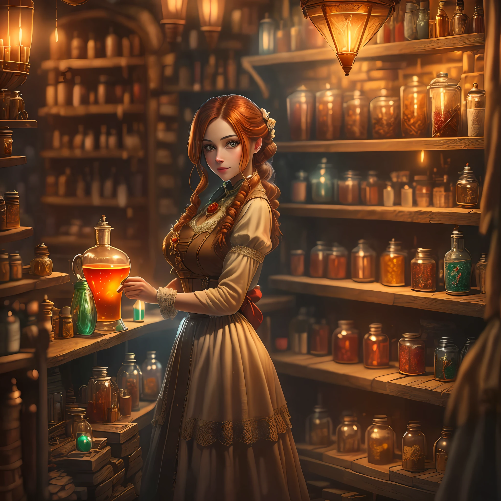 beautiful ginger women in detailed dress at cozy detailed potions shop, air above hair, IPA award wining, masterpiece, best lighting, best shadows, best reflections,