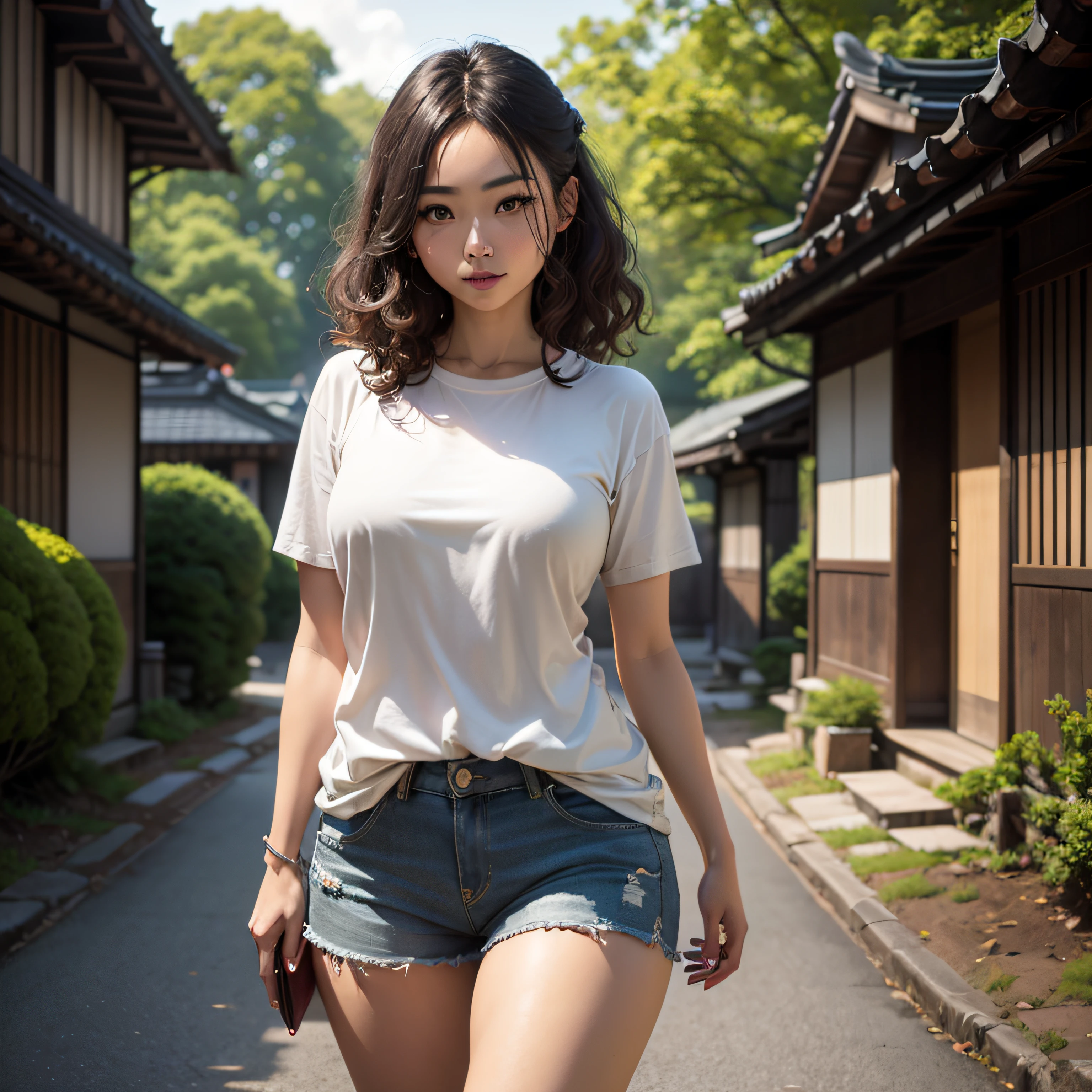 i gril, Japanese, solo, looking at the viewer, standing, little curly brown hair, white skin, brown eyes, fleshy mouth, red wine-colored lipstick, slightly reddish cheeks, small smile, closed mouth, very large breasts, very thick thighs, white shirt, short sleeves, black choir shorts, in the middle of a stone road, around houses of ancient Japanese architecture, village, very green vegetation brings it, trees in the background, people in the background, natural solar lighting, depth lighting, sharp focus, hyper detailed, trend in the Art station, intricate details, tone mapping, best quality, masterpiece --auto