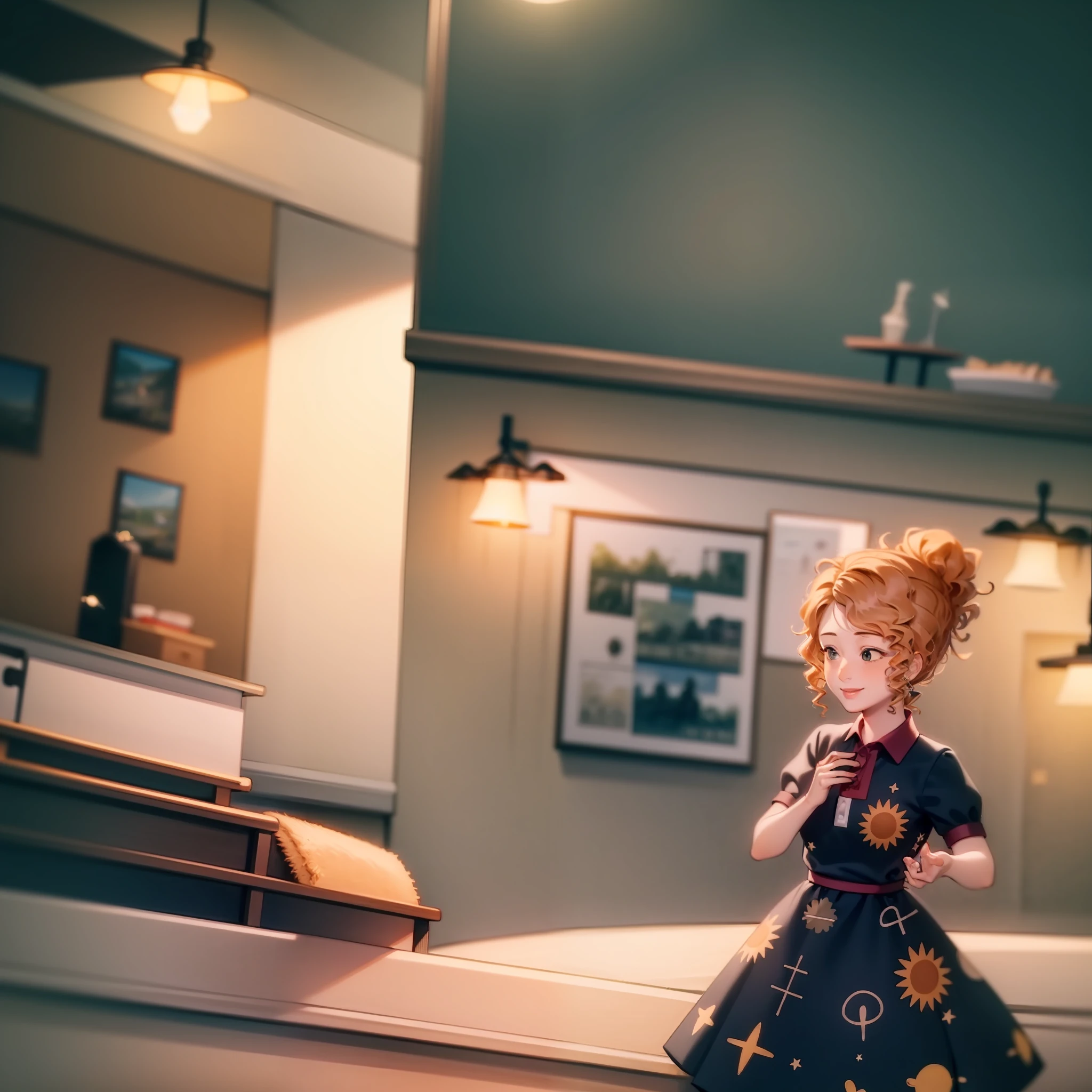 ((masterpiece, best quality)),(complex lighting),1girl, Valerie frizzle,dress, cute,cute smile