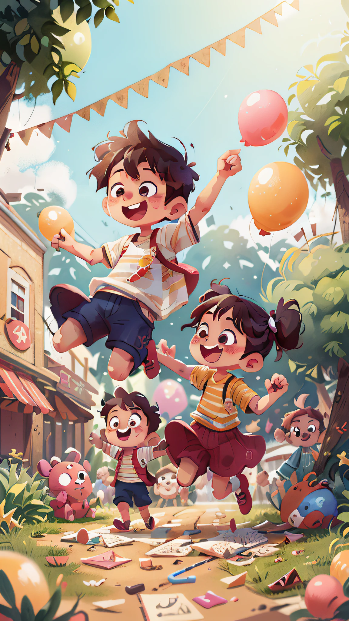 Poster making, Children's Day, in the amusement park, a boy holding a balloon, happy, jumping, happy --v 6