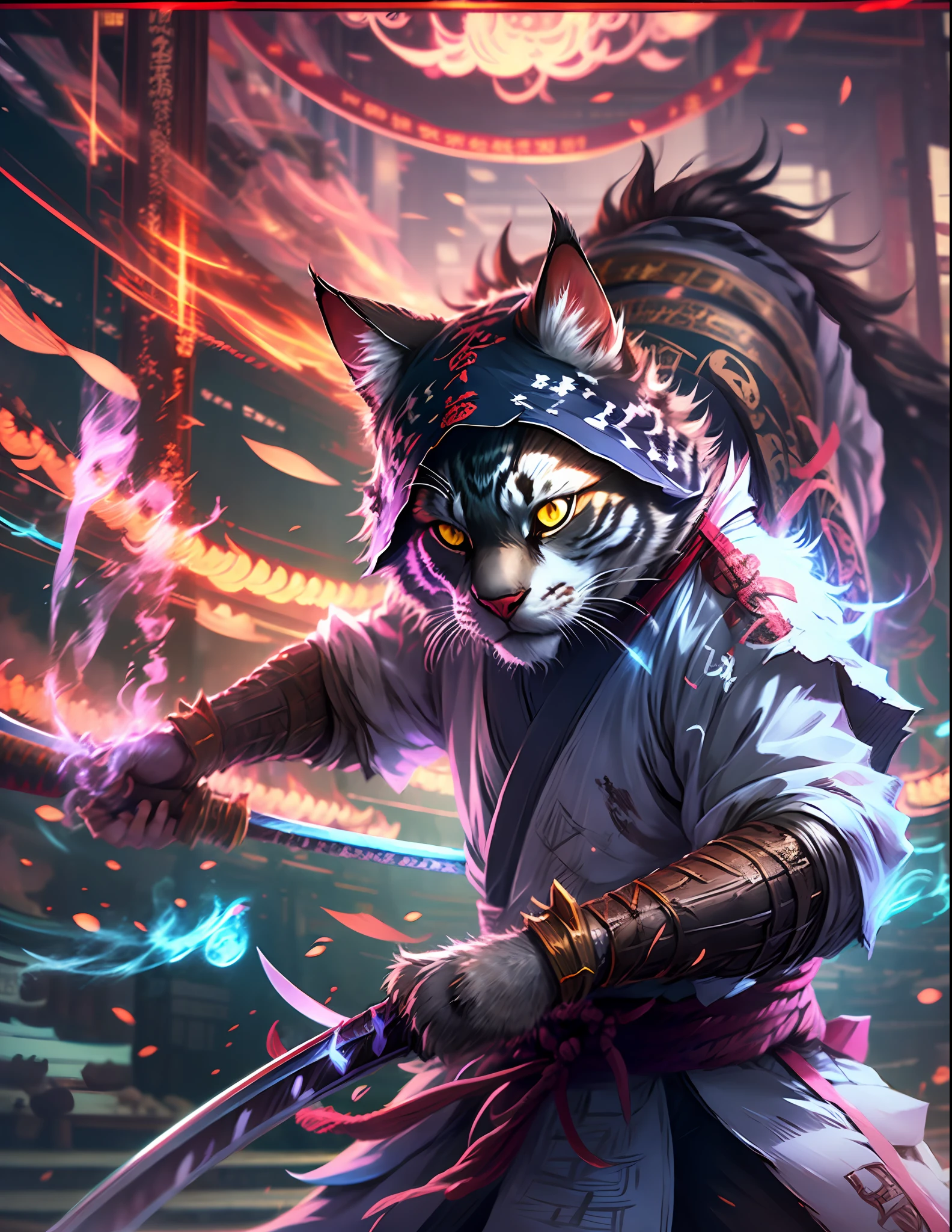 A samurai cat wearing ninja-like samurai clothing wearing a samurai hat on his head while holding a katana in one hand doing a Japanese-style cinematic hero pose, flat colors