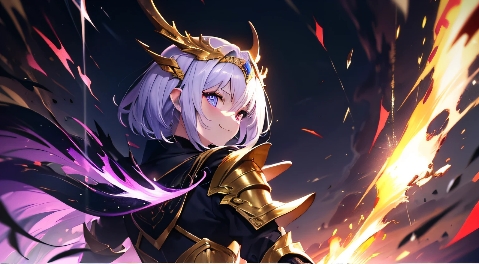Dark Gold Armor, Female, Dark Red Dragon Horn, Five-clawed Golden Dragon in Background, Fire Effect, Thunder Effect, Purple Hair, Gradient Eyes, Grinning, High Detail, Anime, Cinematic Lighting, Glow Light, God Ray, Reflected Light, Backlight, Projection Illustration, UHD, Masterpiece, Ccurate, Textured Skin, Super Detail, Best Quality, High Resolution, Award-Limited, Hide Hand