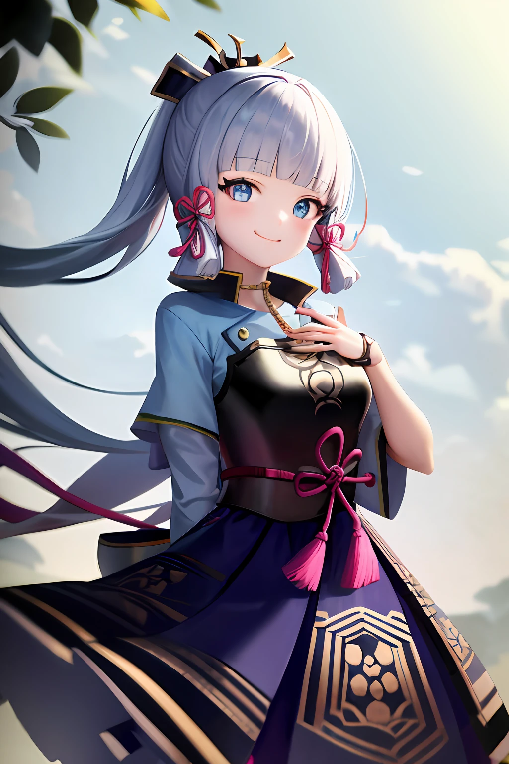 masterpiece, highres, best quality, 1girl solo, kamisato_ayaka, smile, kimono, wind lift skirt,