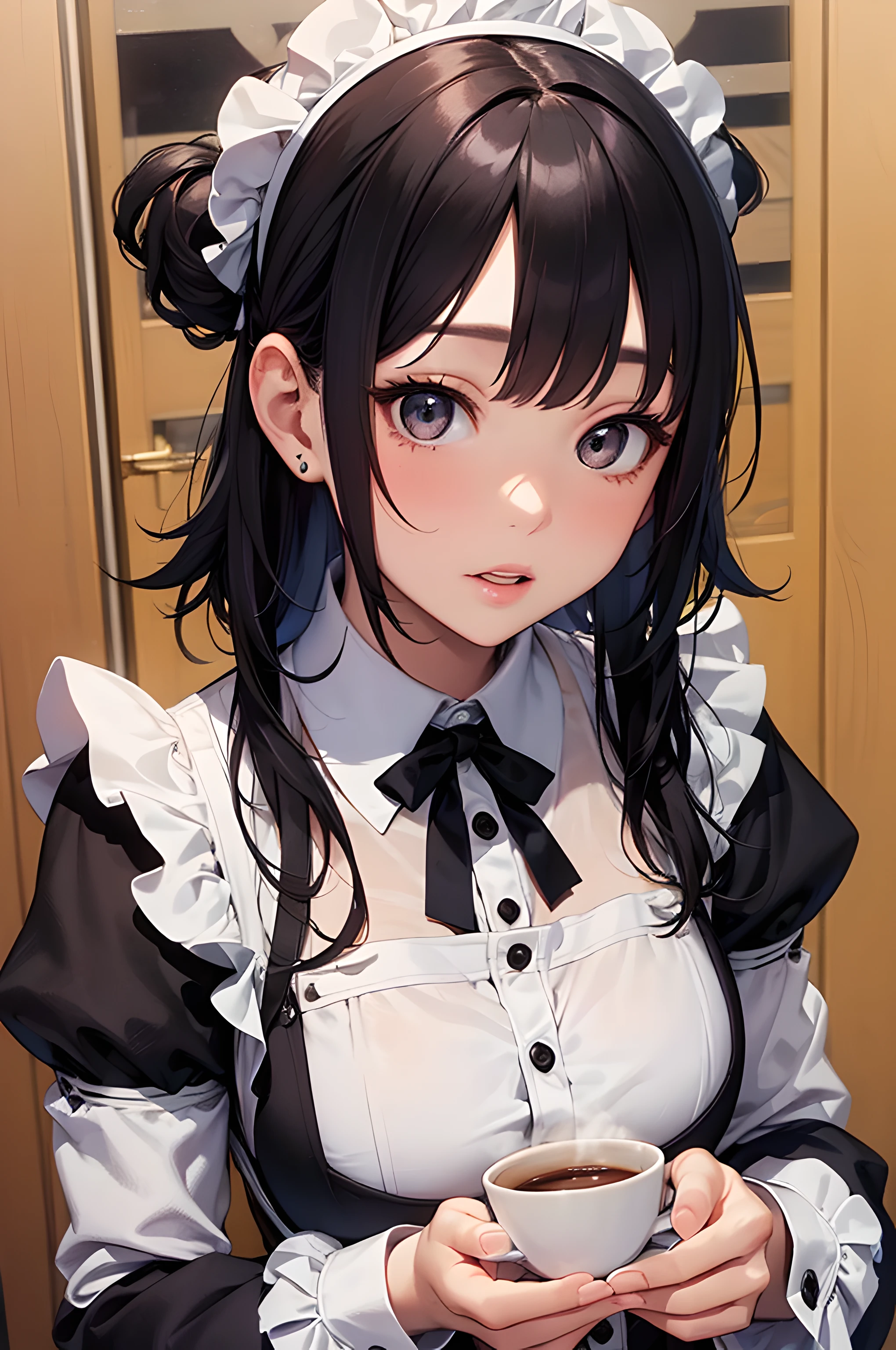 (masterpiece), (portrait), (aesthetic), (beautiful), (upper blody), (high quality), (aesthetic clothings), (professional angle), (rule of thirds), (Feminine), (woman), (female), (beautiful),(feminine features), (21 years), solo, 1 woman, (attractive Japanese), Autumn, (-), (Evening), (Soft light), ((Serving Tea)), (Hands on Waist Hands), ((Looking Down Face)), ((Elegant)), (Natural Make-up), (big Bust), (Bowtie), ((Long Hair)), (Black Hair), (Straight Hair), (Bob Cut hair), (Hairpin in Hair), (Partially Open Eyes), (Brown Eyes), (Cute Look), Fair skin, (Lace Trim Clothing), (Maid Dress), (daring clothing), (Knee-length ), (Sweetheart Neckline), ((Traditional Maid Coffee background)), (Medium Close Shot), beautiful hands, two hands, normal hands, two arms, complete hands, beautiful body, beautiful fingers, normal fingers, five fingers, five fingers, beautiful ears, normal ears, beautiful eyes, shiny eyes, beautiful mouth, beautiful lips, sexy