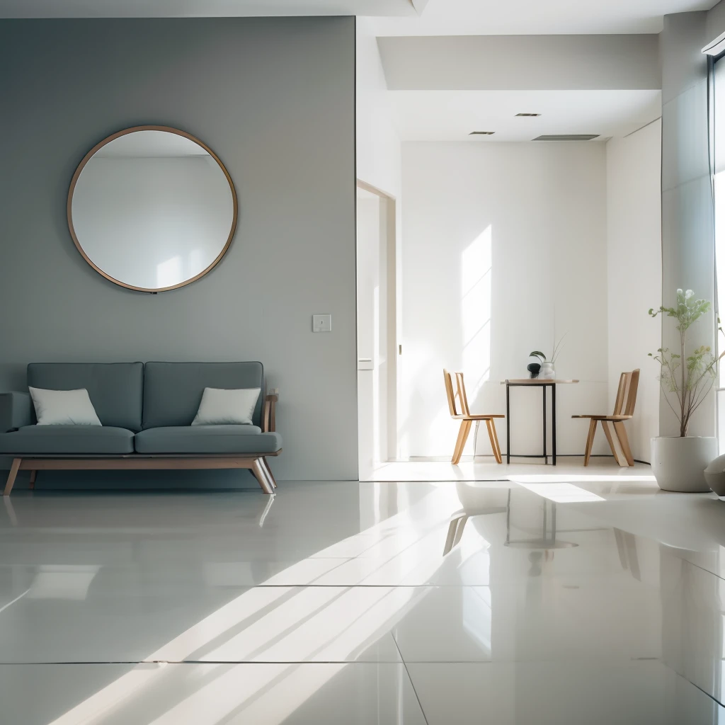 Off-white small living room, minimalist style, small sideboard, mirror, natural light, professional shooting, minimalist style::2, large living room:::1, center composition, tilt shift, Quesel Megascan rendering, morning light, black--no There is content on the wall The floor is not clean The lighting is messy Table Coffee table and tabletop